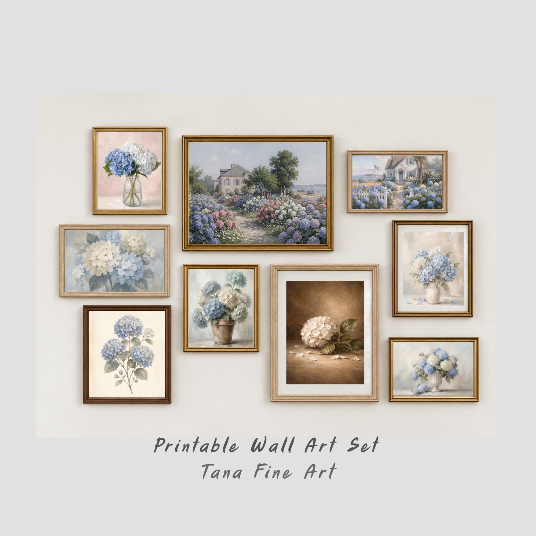 Vintage Hydrangea Gallery Wall Set of 9, Coastal Cottage Gallery Decor Prints (Digital Download)