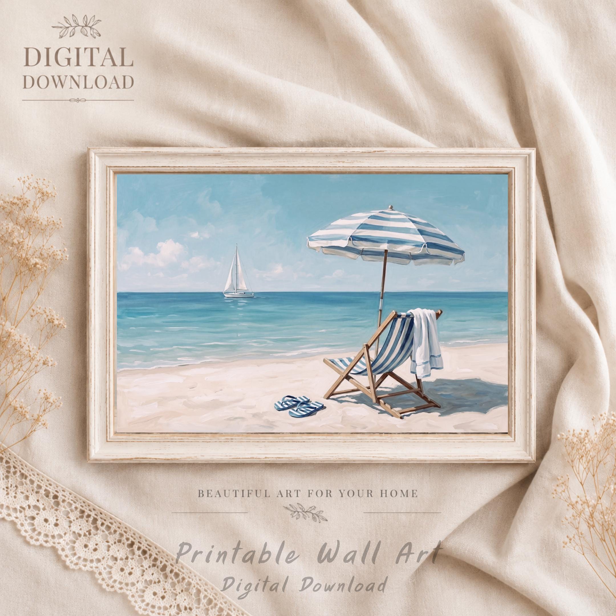 Coastal Beach Sailboat Print, Summer Ocean Shoreline, Beach House Decor (Digital Download)