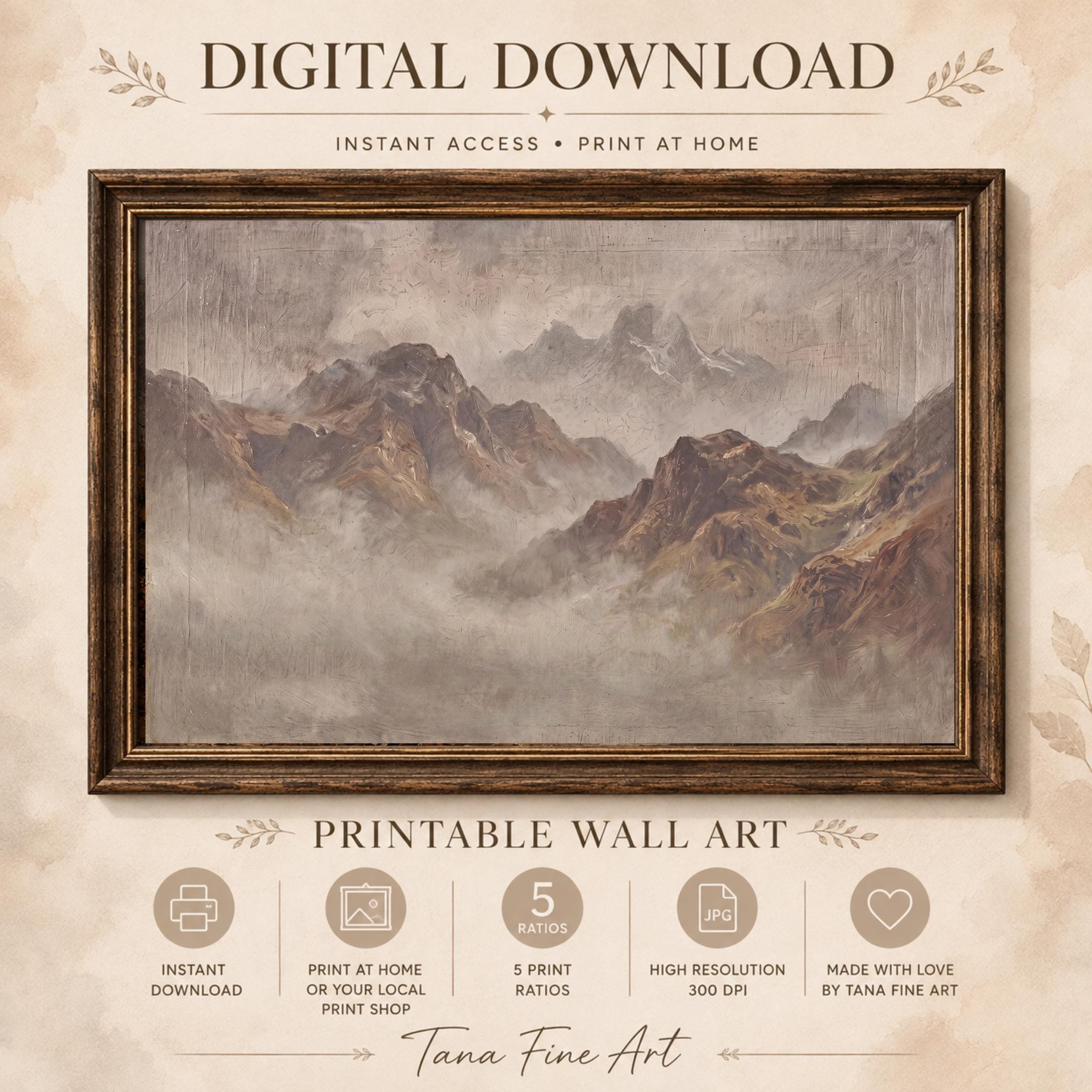 Vintage Misty Mountain Wall Art, Neutral Alpine Landscape, Earthy Rustic Cabin Decor, Digital Download — image 8