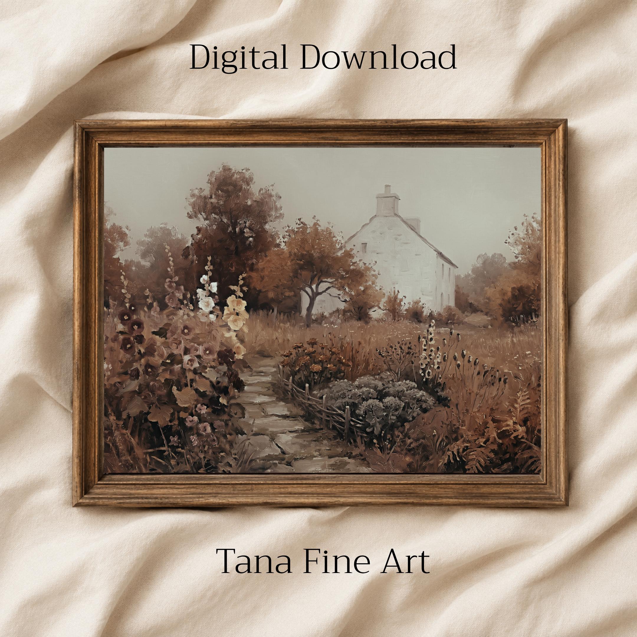 Fall Cottage Garden Wall Art, Rustic Autumn Floral Landscape Print, Farmhouse Decor (Digital Download)