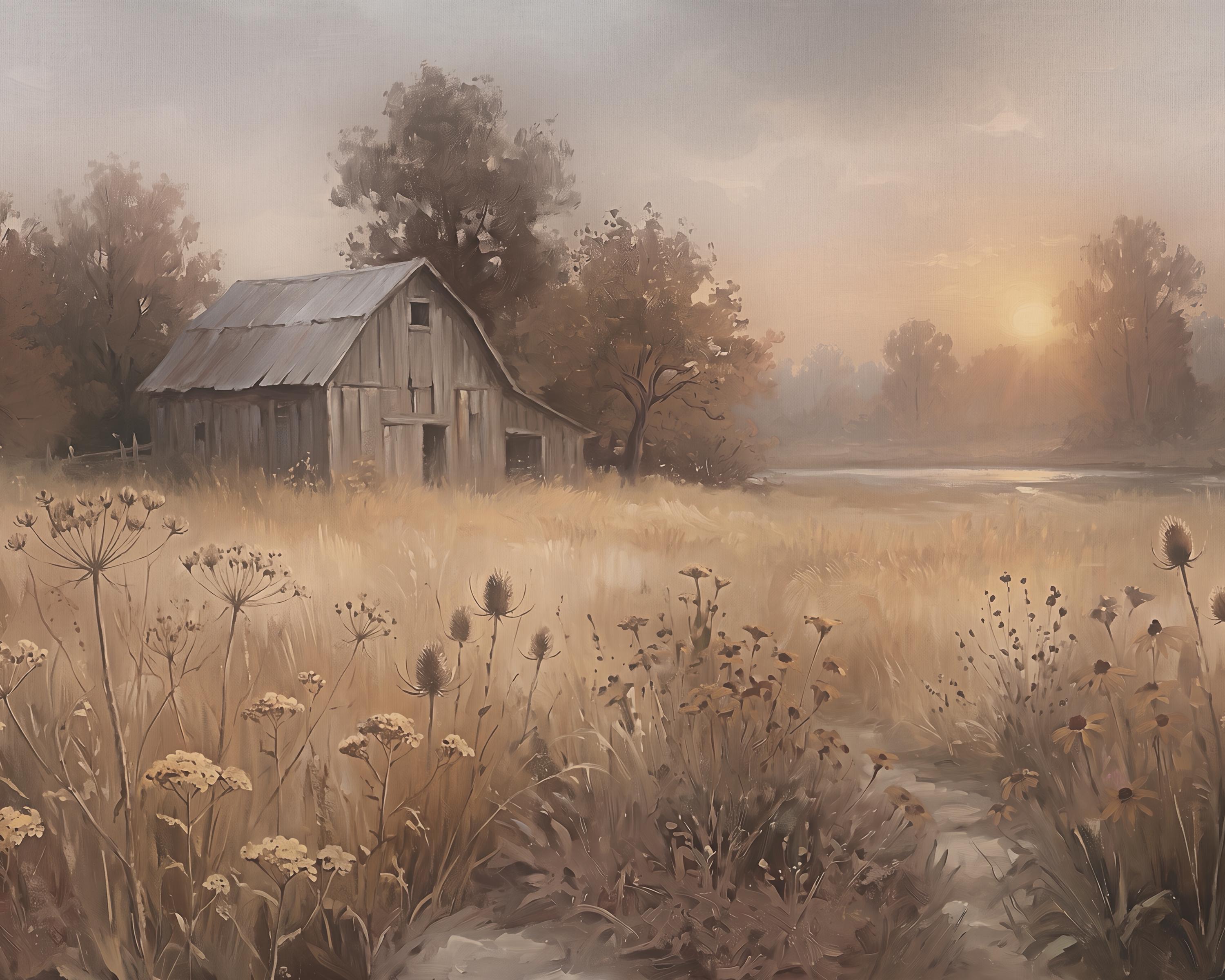 Fall Barn Wall Art, Rustic Autumn Meadow Landscape Print, Pastoral Farmhouse Decor (Digital Download) — image 2