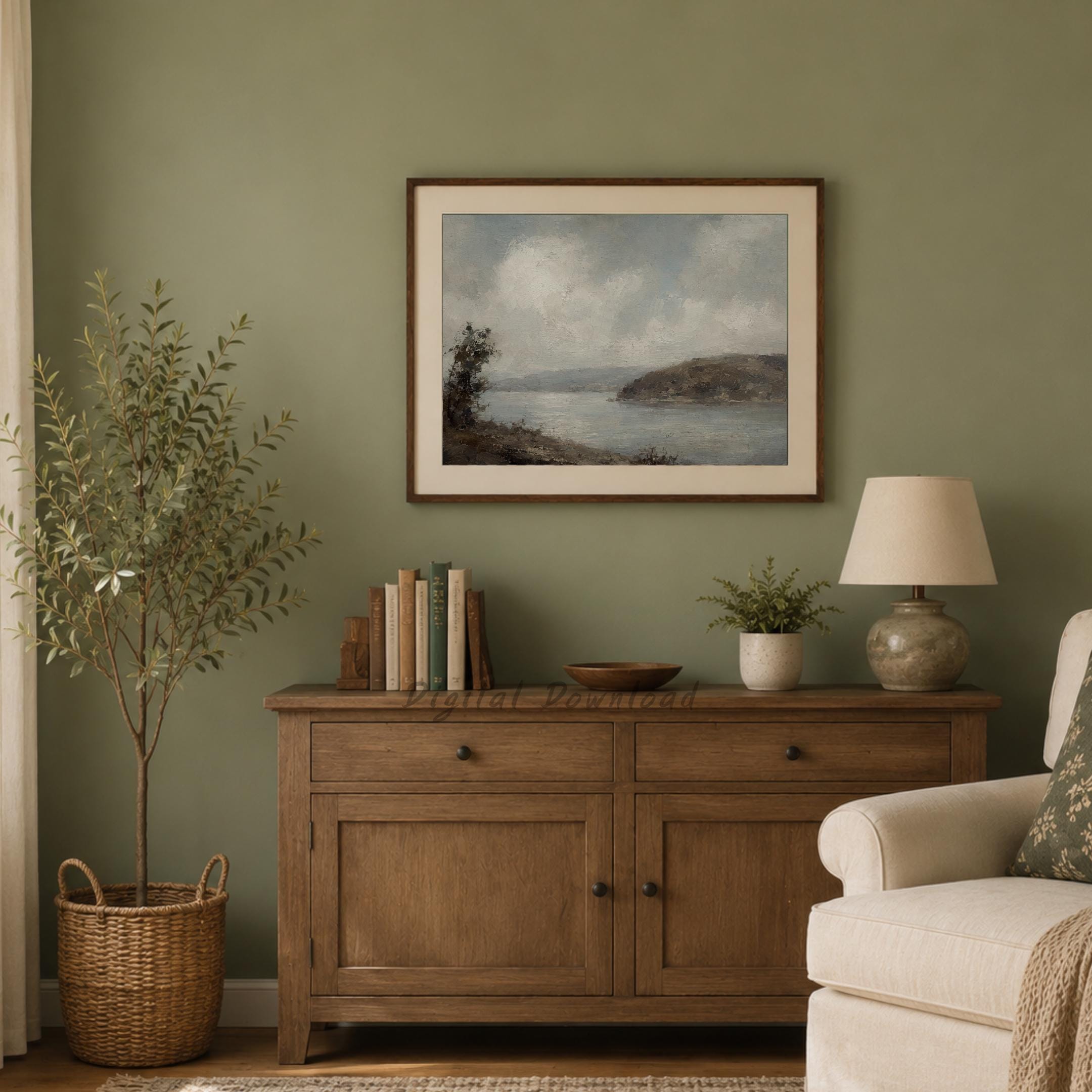 Vintage Lake Landscape Wall Art | Rustic Coastal Nature Print | Moody Painting Digital Download — image 6