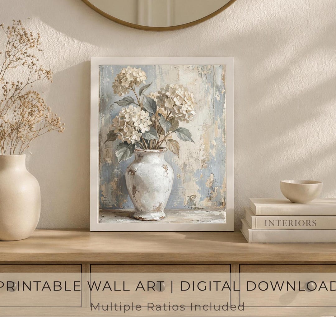 Vintage Hydrangea Wall Art, White Floral Vase Print, Rustic Cottage ...