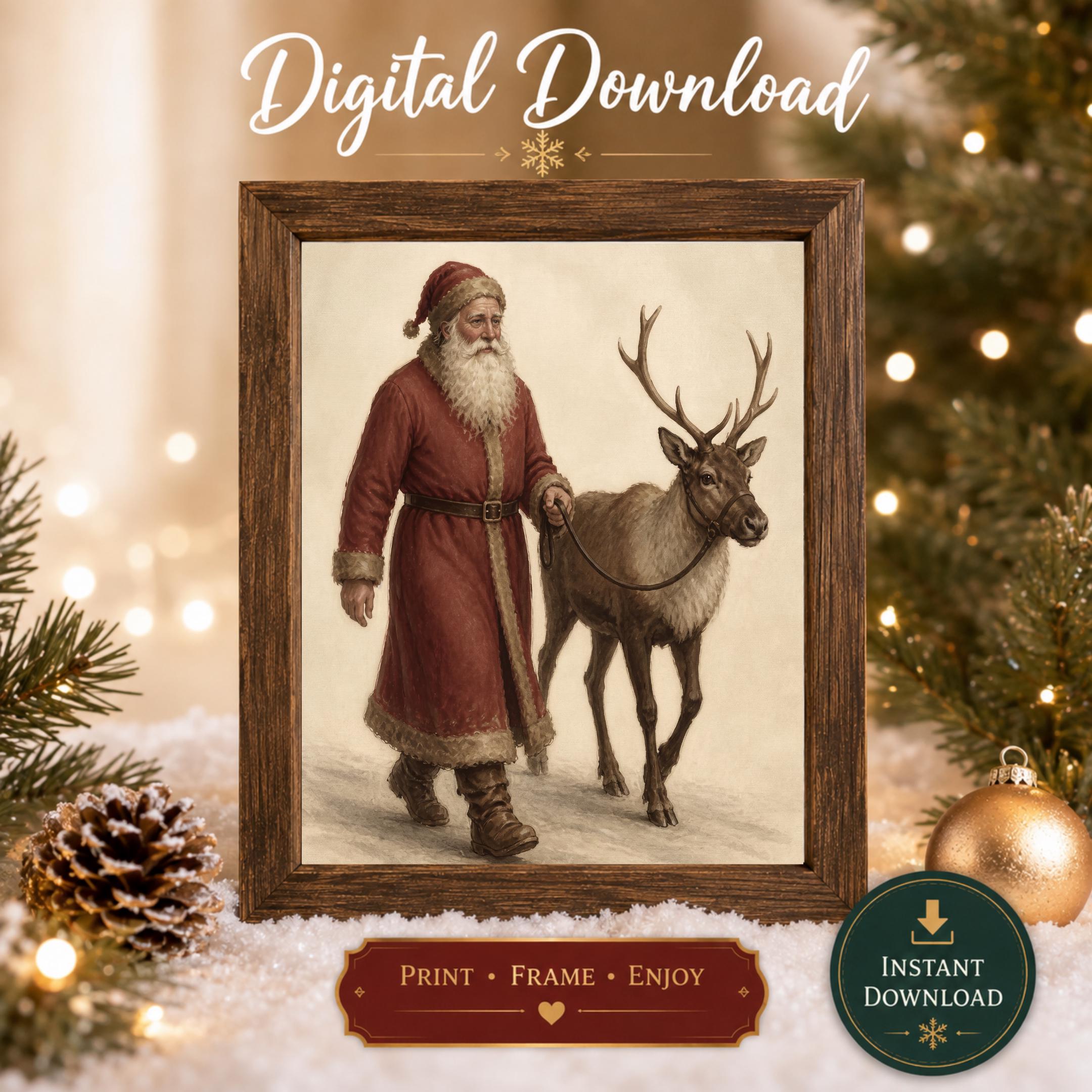 Vintage Santa and Reindeer Printable Wall Art, Old World Christmas Digital Download