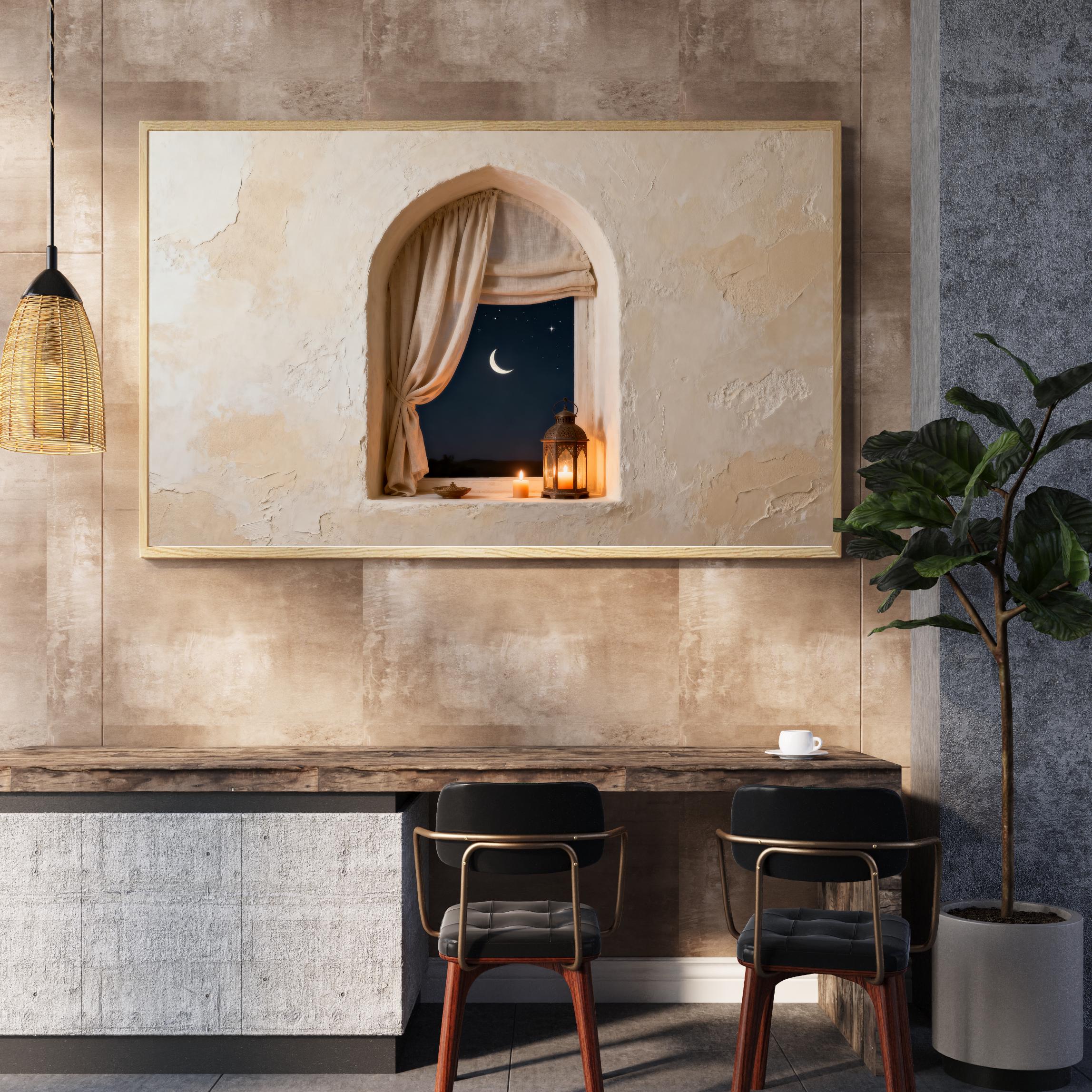 Islamic Crescent Moon Lantern Frame TV Art | Neutral Plaster Texture | Digital Download — image 4