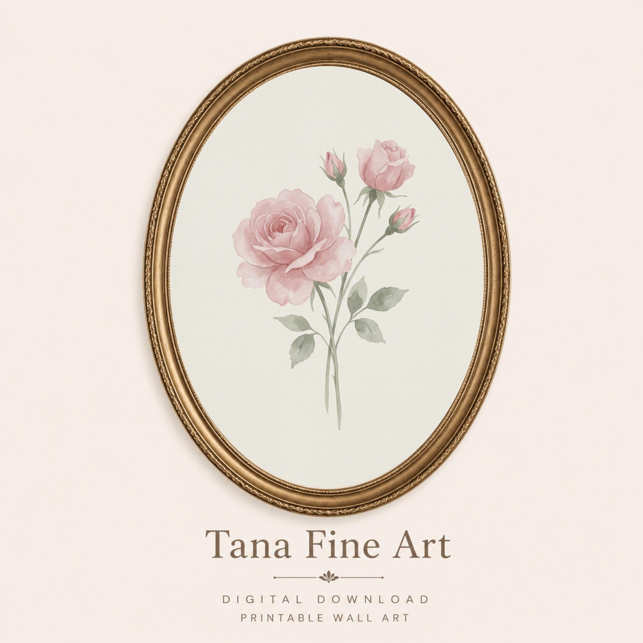 June Birth Flower Print, Pink Rose Botanical Watercolor Art (Digital Download)