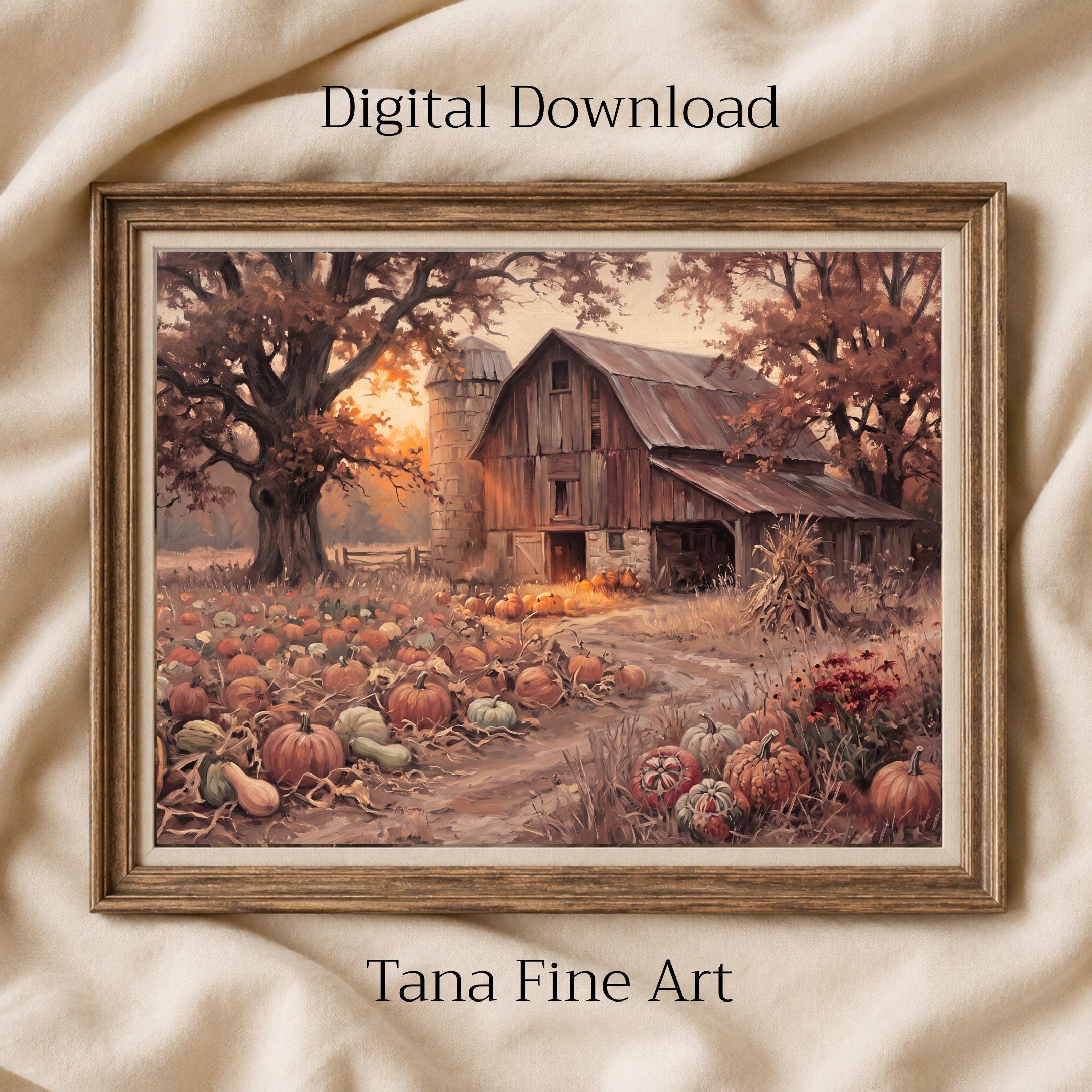 Fall Barn Printable Wall Art | Autumn Pumpkin Farmhouse Landscape | Rustic Decor Digital Download Print