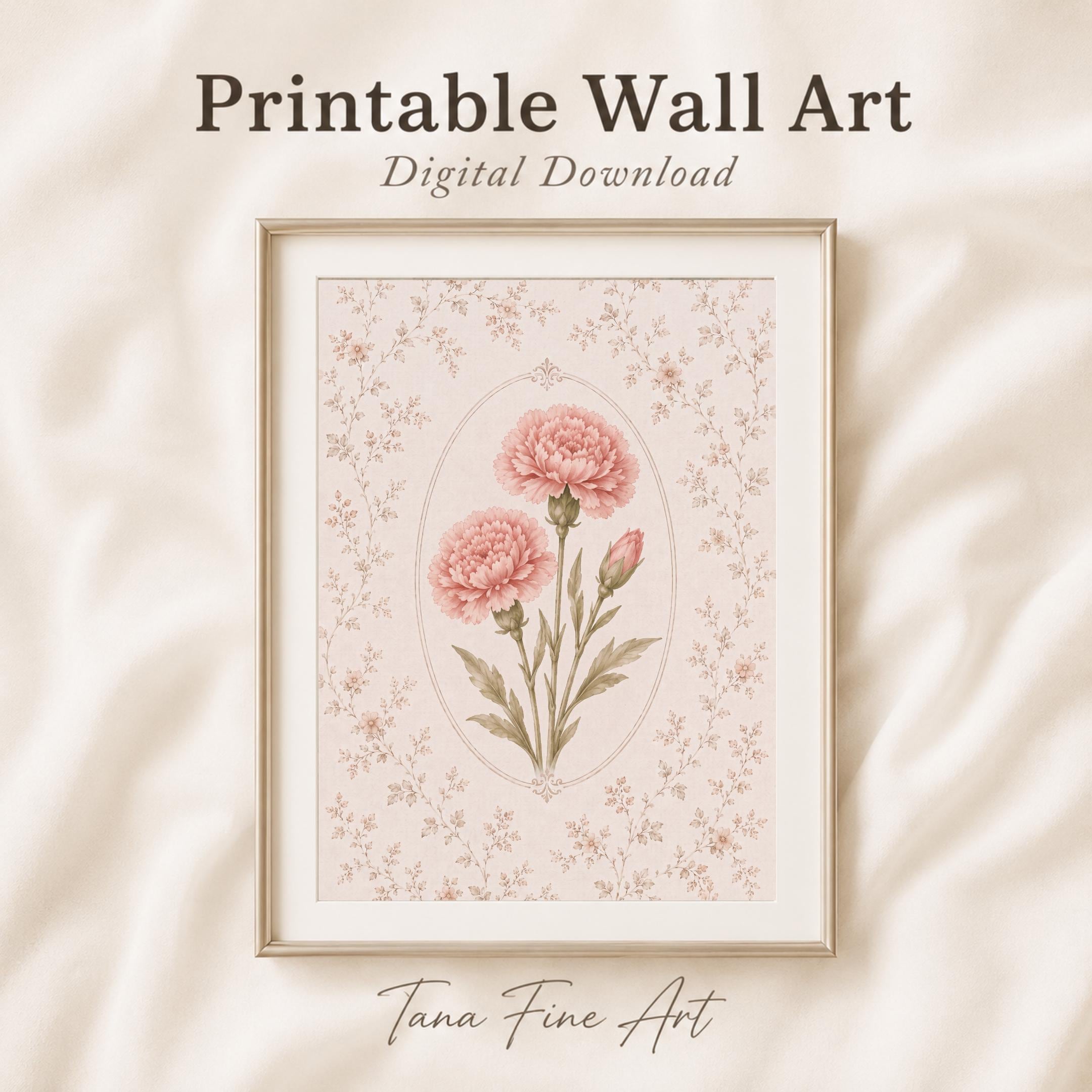 January Birth Month Flower Print | Carnation Printable Art | Pink Botanical Gift Decor Digital Download