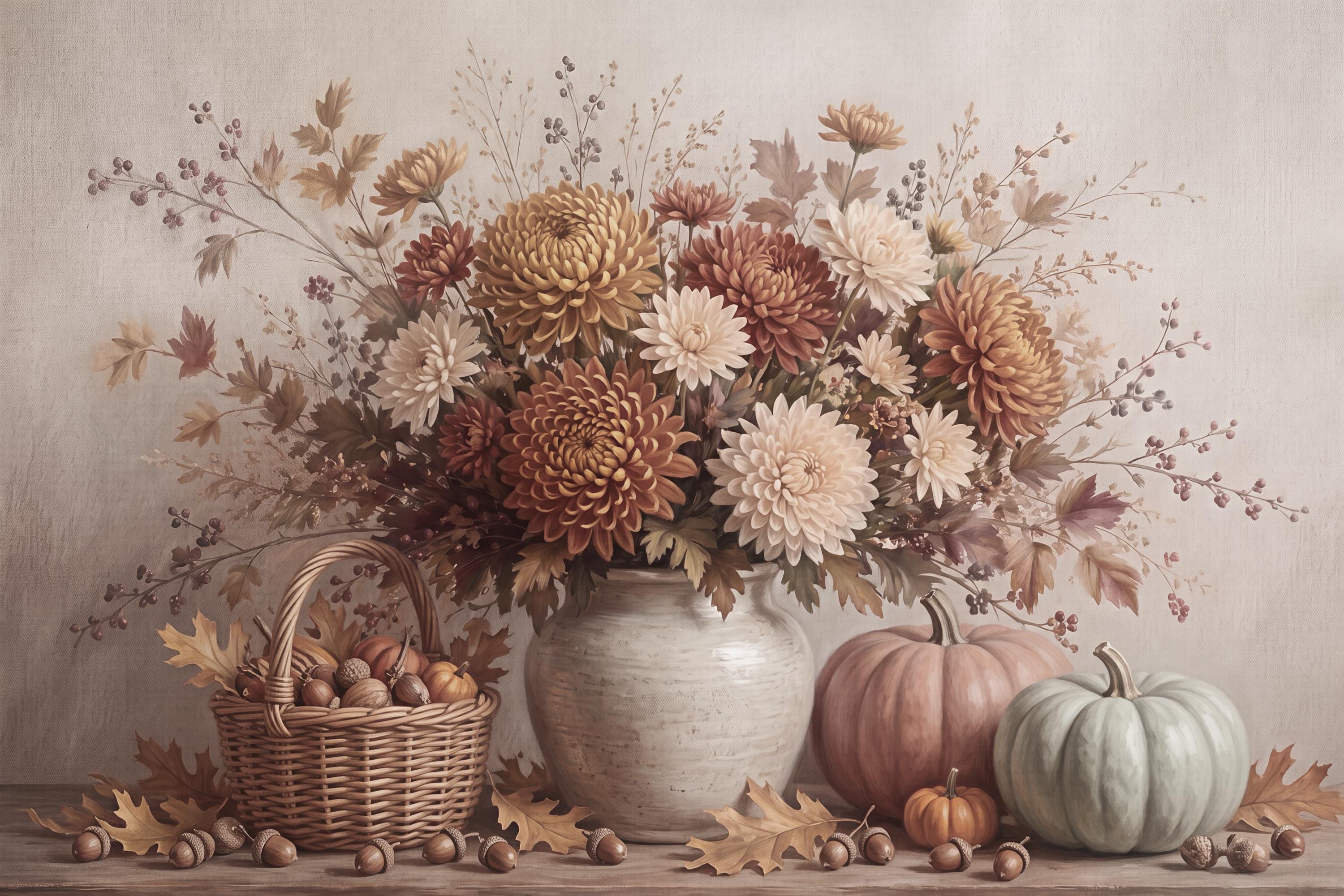 Chrysanthemum Pumpkin Still Life | Fall Floral Wall Art | Rustic Printable Digital Download Decor — image 2