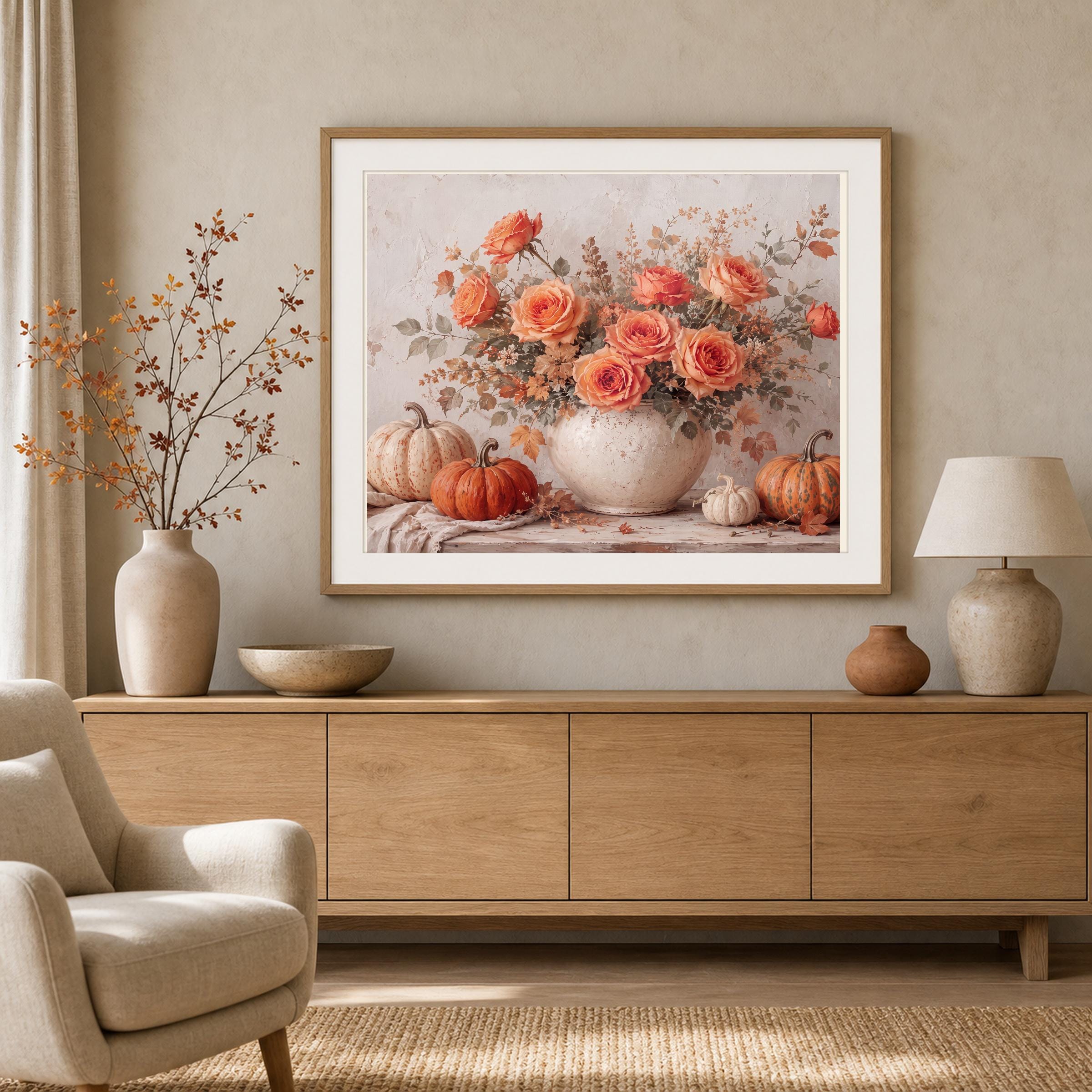 Autumn Rose Pumpkin Wall Art, Vintage Floral Still Life Printable Digital Download — image 2