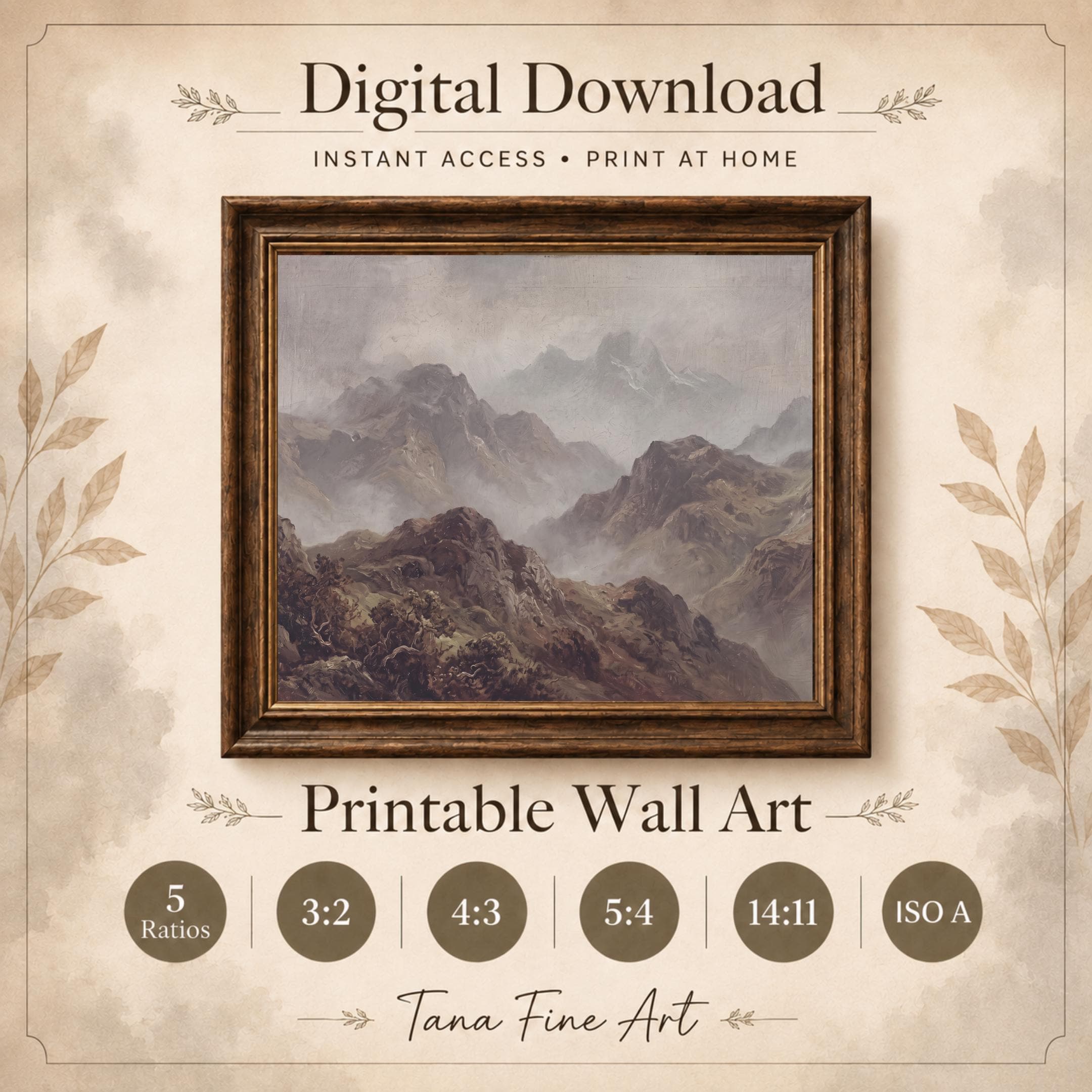Rustic Mountain Wall Art, Vintage Misty Alpine Landscape, Earthy Wilderness Home Decor, Digital Download — image 6