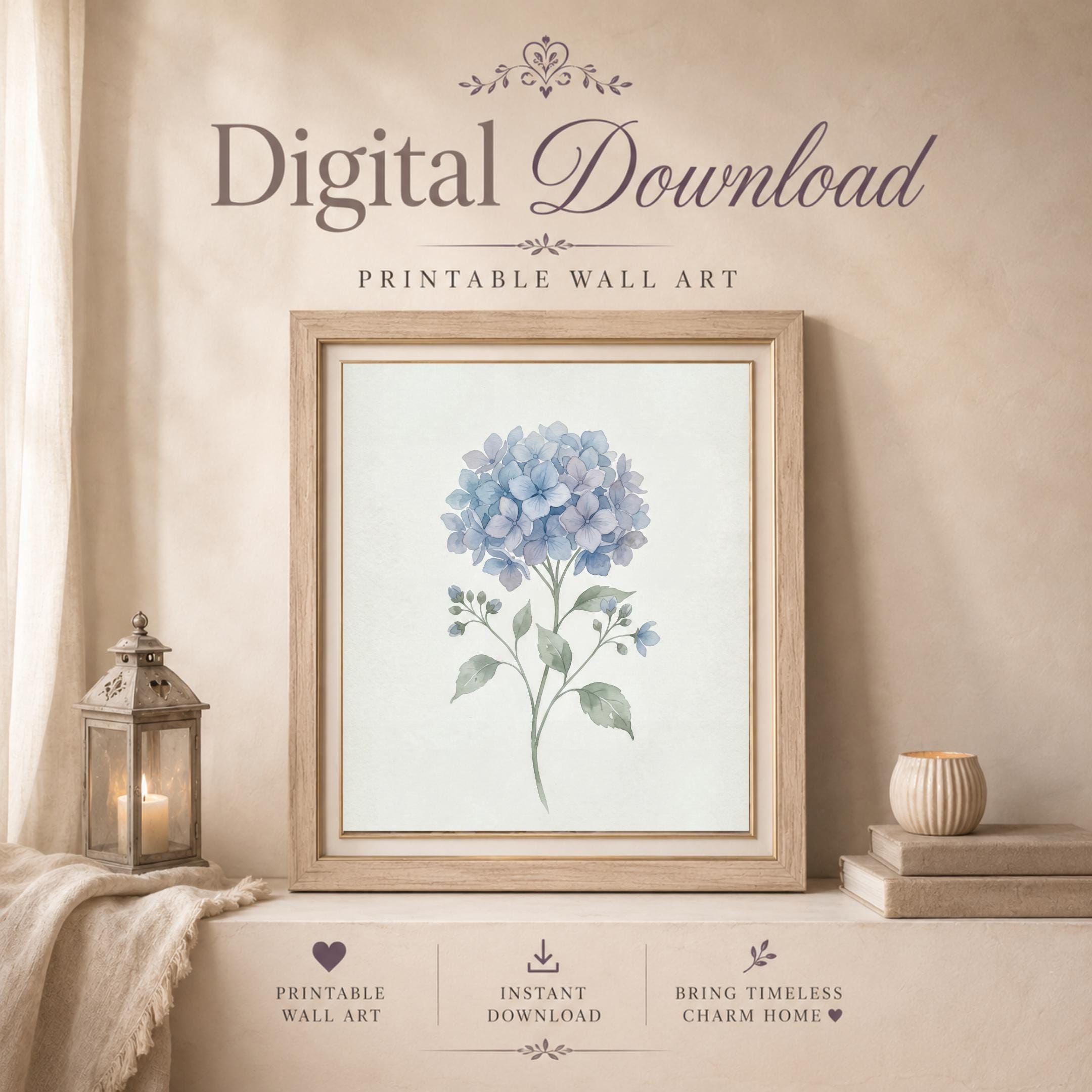 Blue Hydrangea Botanical Print, Minimal Watercolor Flower Wall Art, Soft Cottage Decor (Digital Download) — image 7