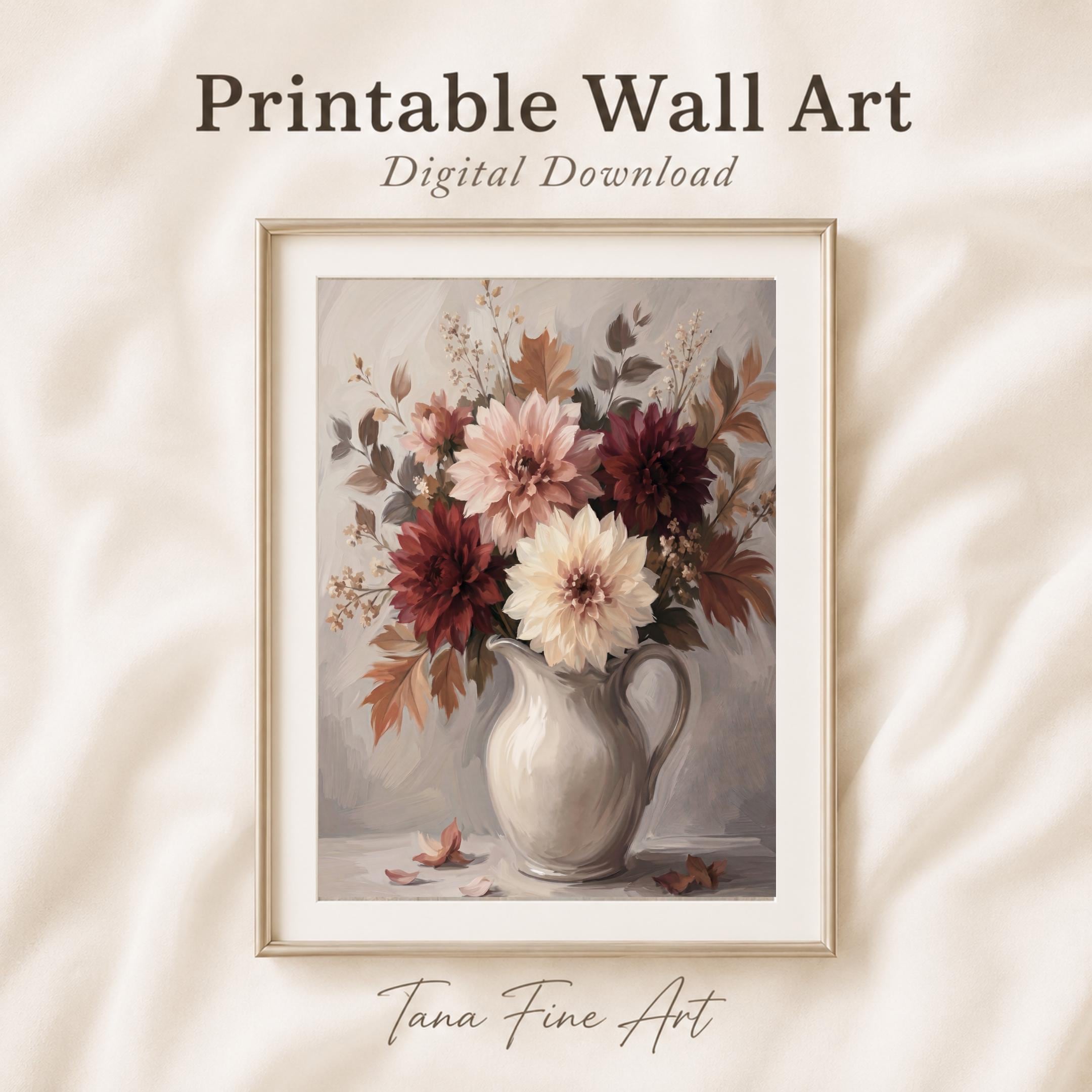 Fall Dahlia Wall Art, Moody Floral Pitcher Print, Burgundy Autumn Flower Decor (Digital Download)