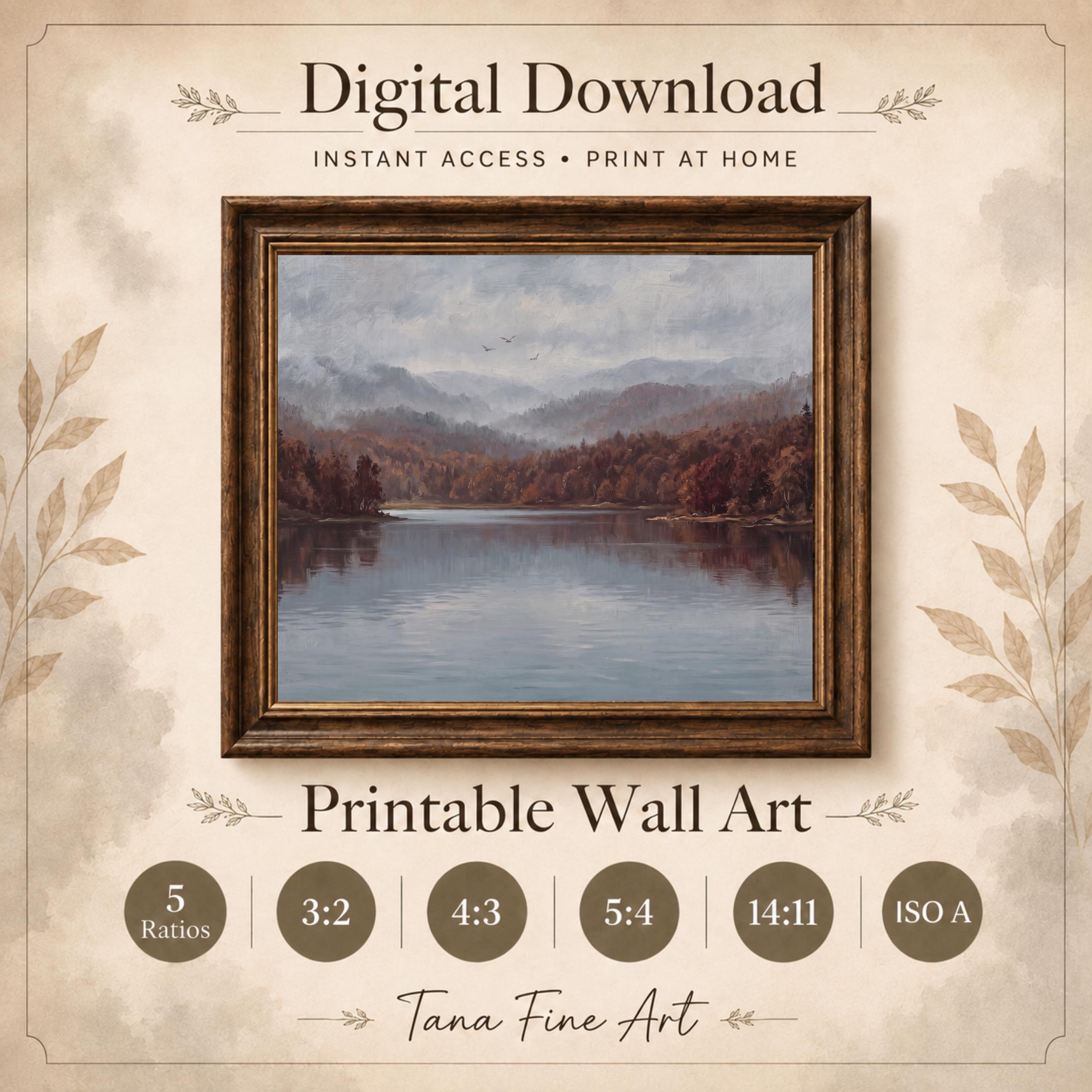 Autumn Lake Wall Art | Moody Fall Landscape Print | Vintage Nature Printable Digital Download — image 3