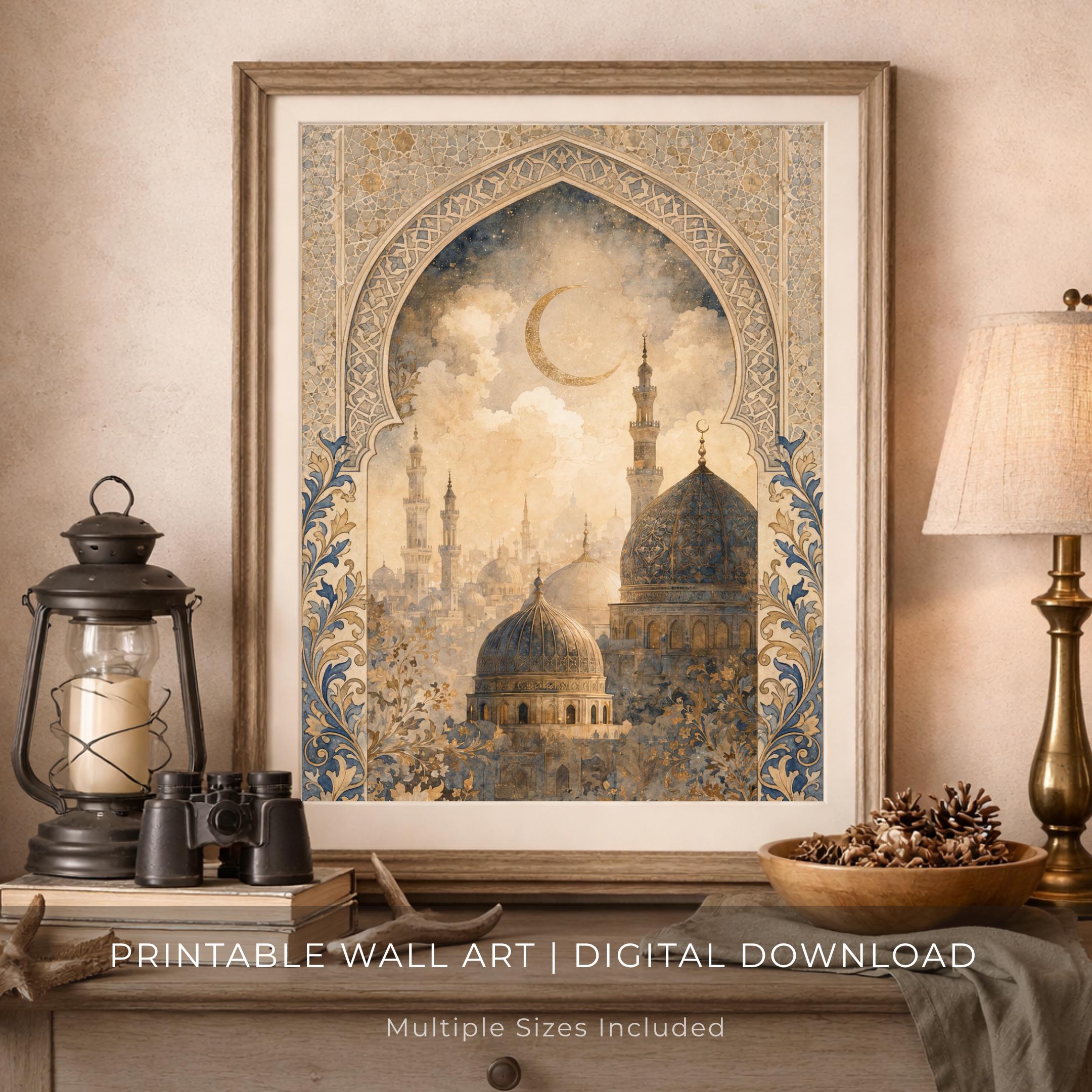 Islamic Architecture Printable Wall Art, Blue Gold Mosque and Crescent Moon Digital Download — image 7