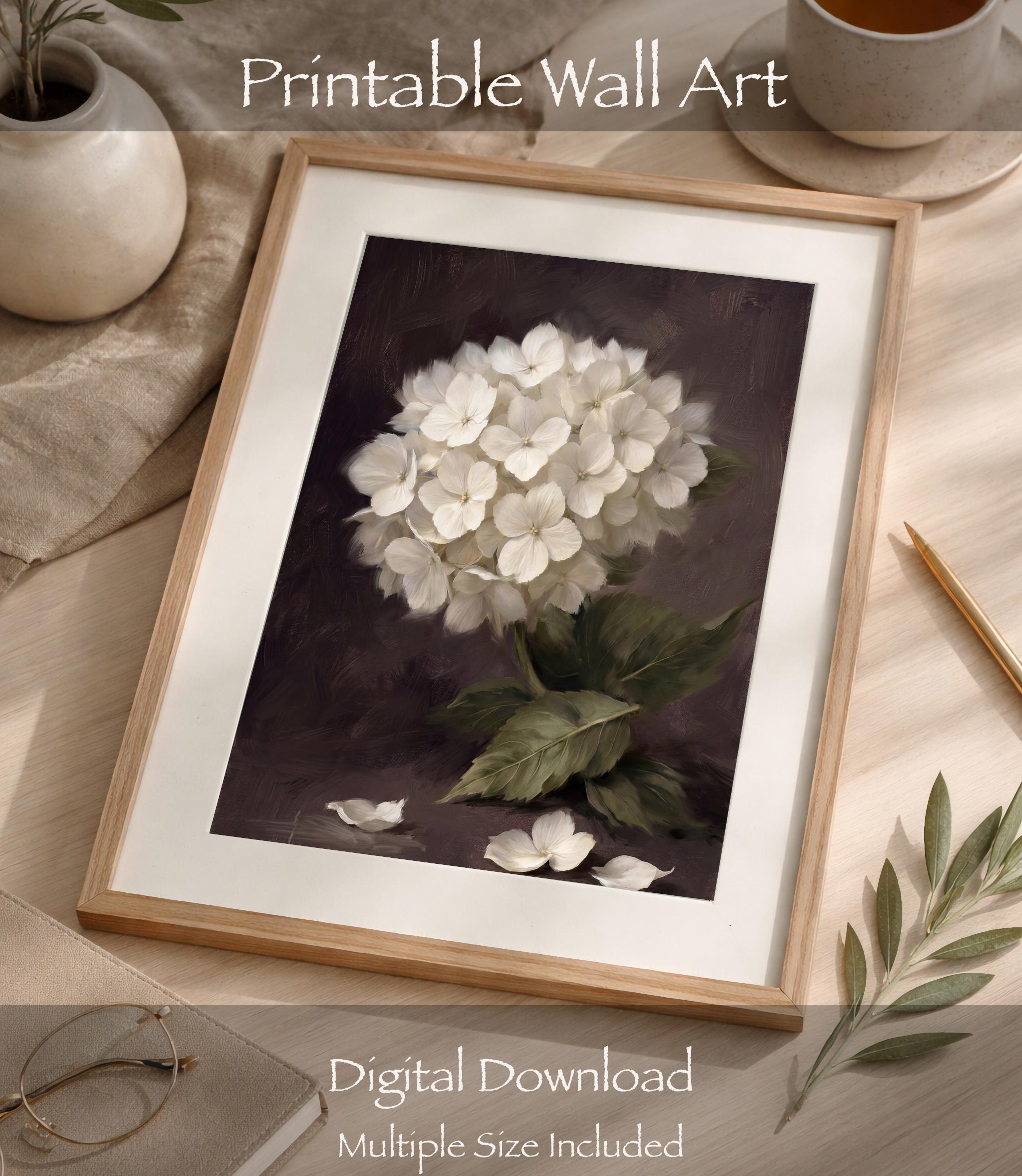 Moody Hydrangea Wall Art, White Floral Botanical Print, Dark Vintage Flower Decor (Digital Download) — image 7