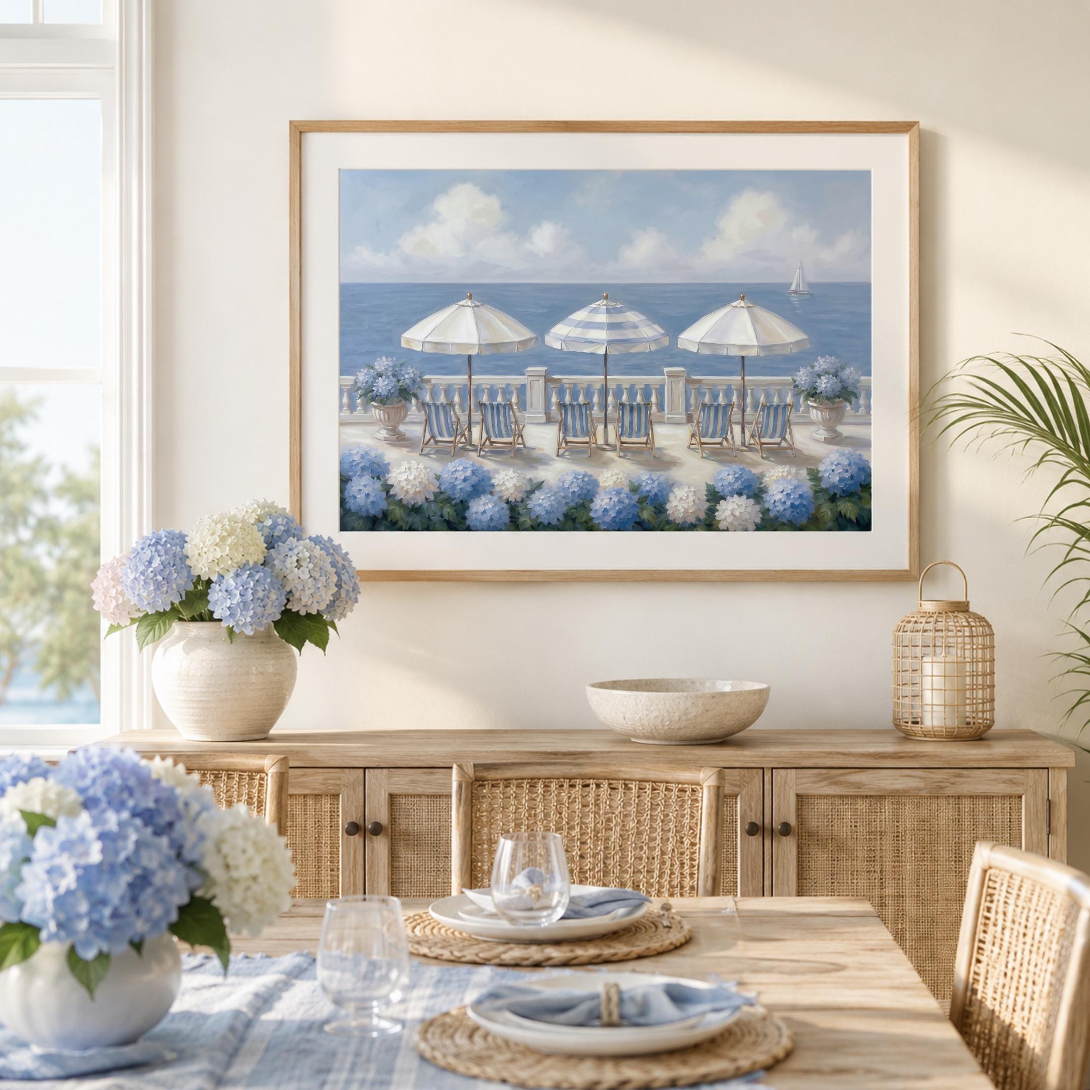 Summer Beach House Print, Coastal Hydrangea Wall Art, Blue White Seaside Decor (Digital Download) — image 6