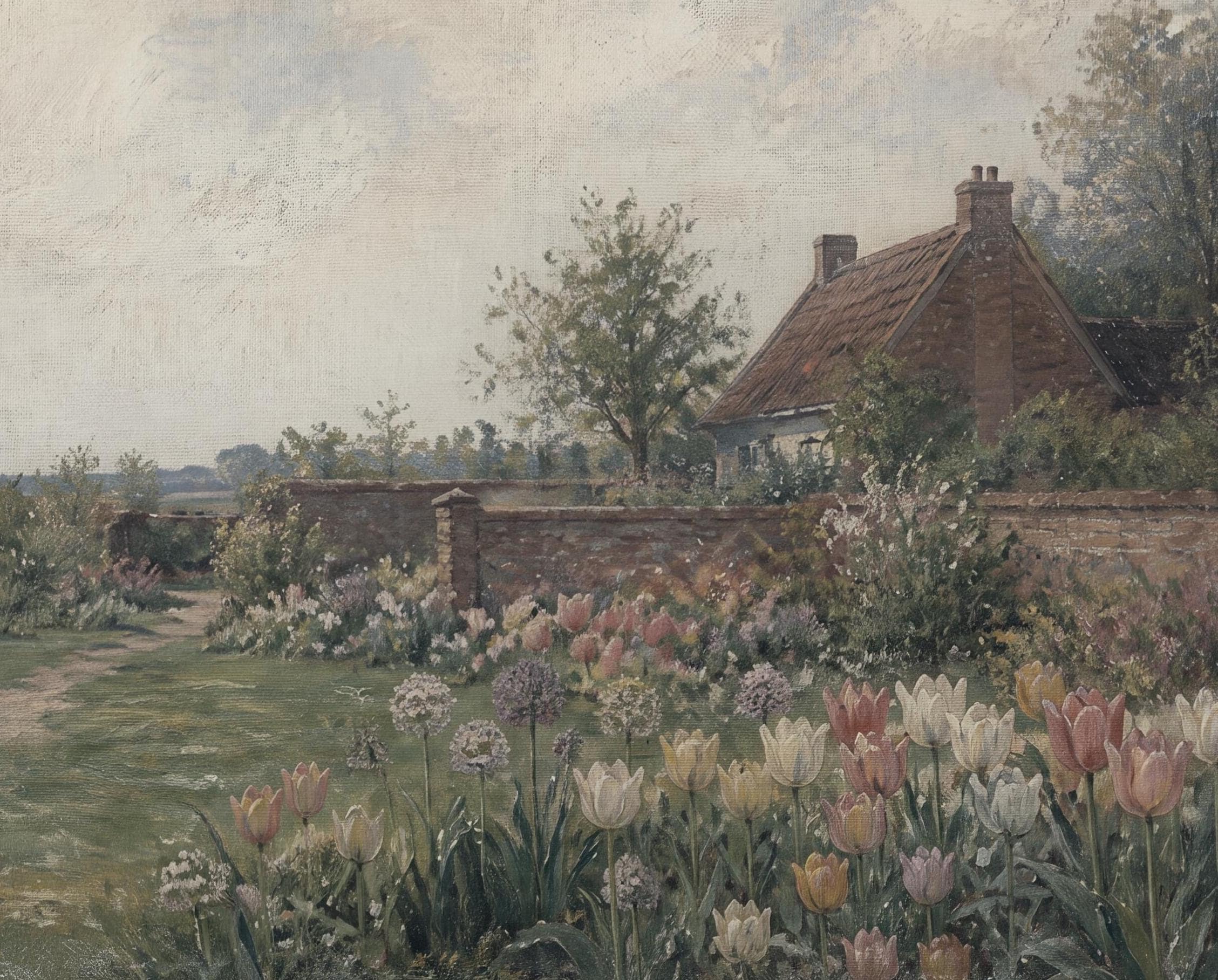 Vintage Dutch Tulip Garden Wall Art, Spring Cottage Landscape, Floral Country Decor, Digital Download — image 7