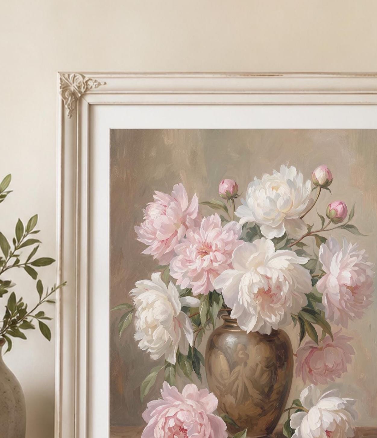 Pink White Peony Vase Printable Wall Art, Vintage Floral Cottage Home Decor Digital Download — image 2