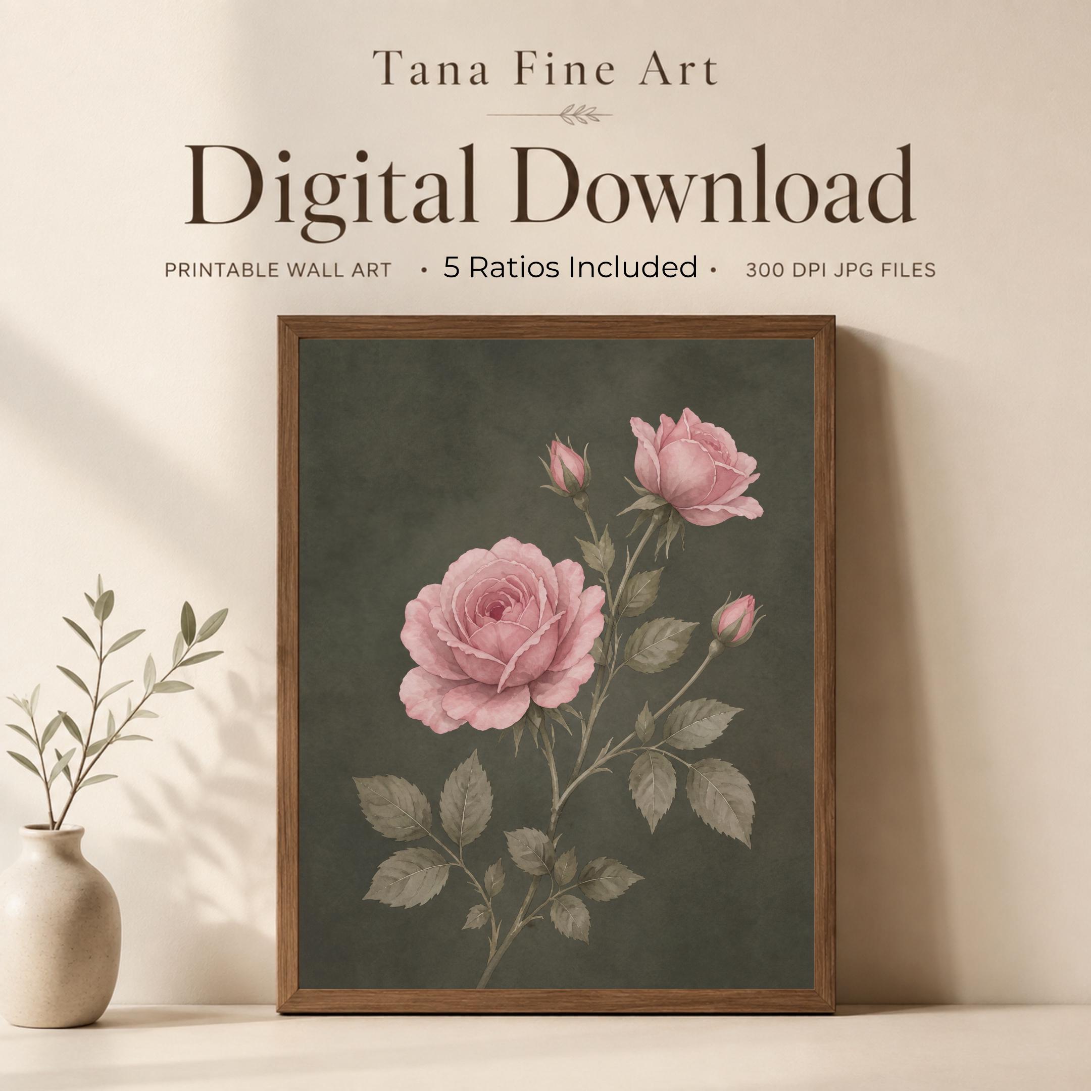 Moody June Birth Flower Print | Pink Rose Wall Art | Vintage Botanical Digital Download