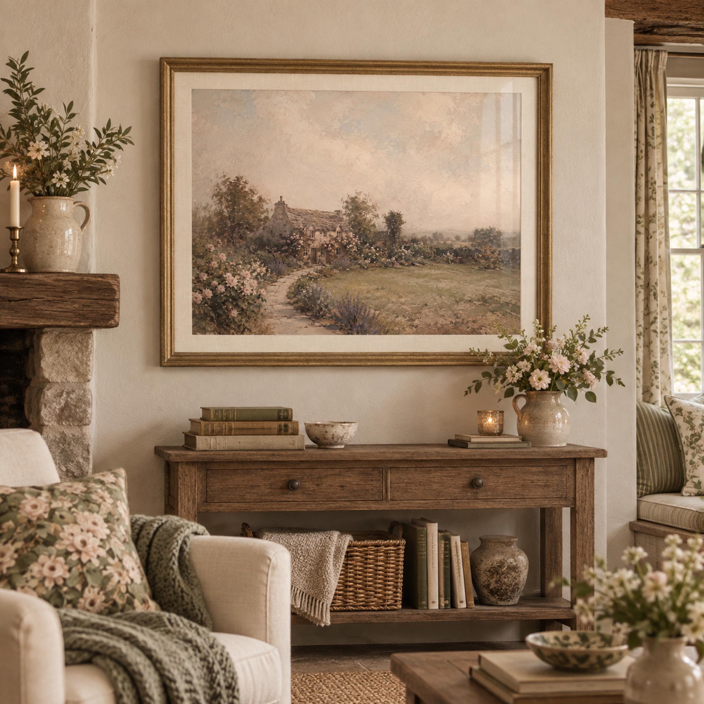 Vintage Rose Cottage Garden Printable Wall Art, English Country Floral Landscape, Romantic Home Decor — image 2