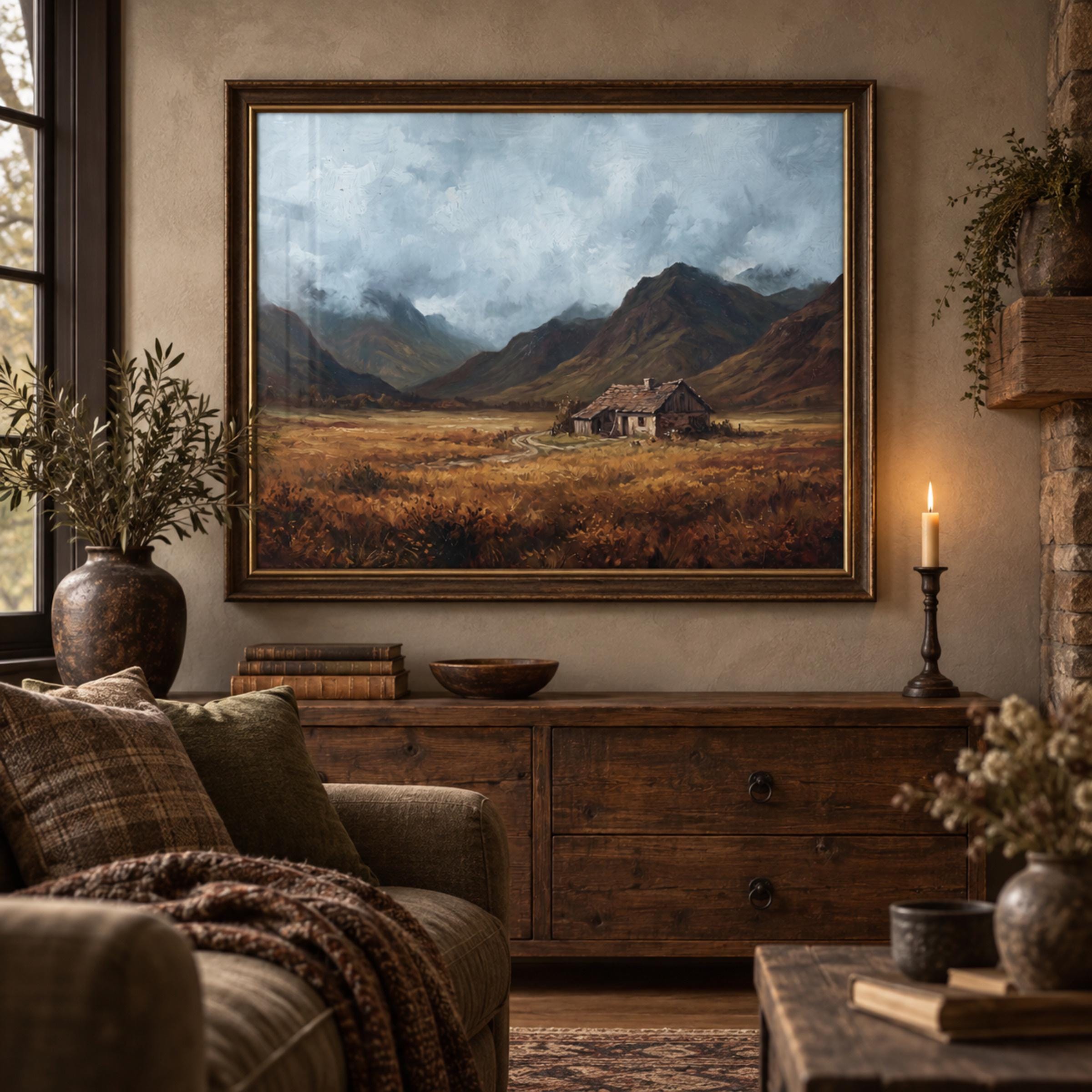 Rustic Mountain Cottage Printable Wall Art, Moody Autumn Valley Landscape, Rustic Cabin Digital Download — image 4