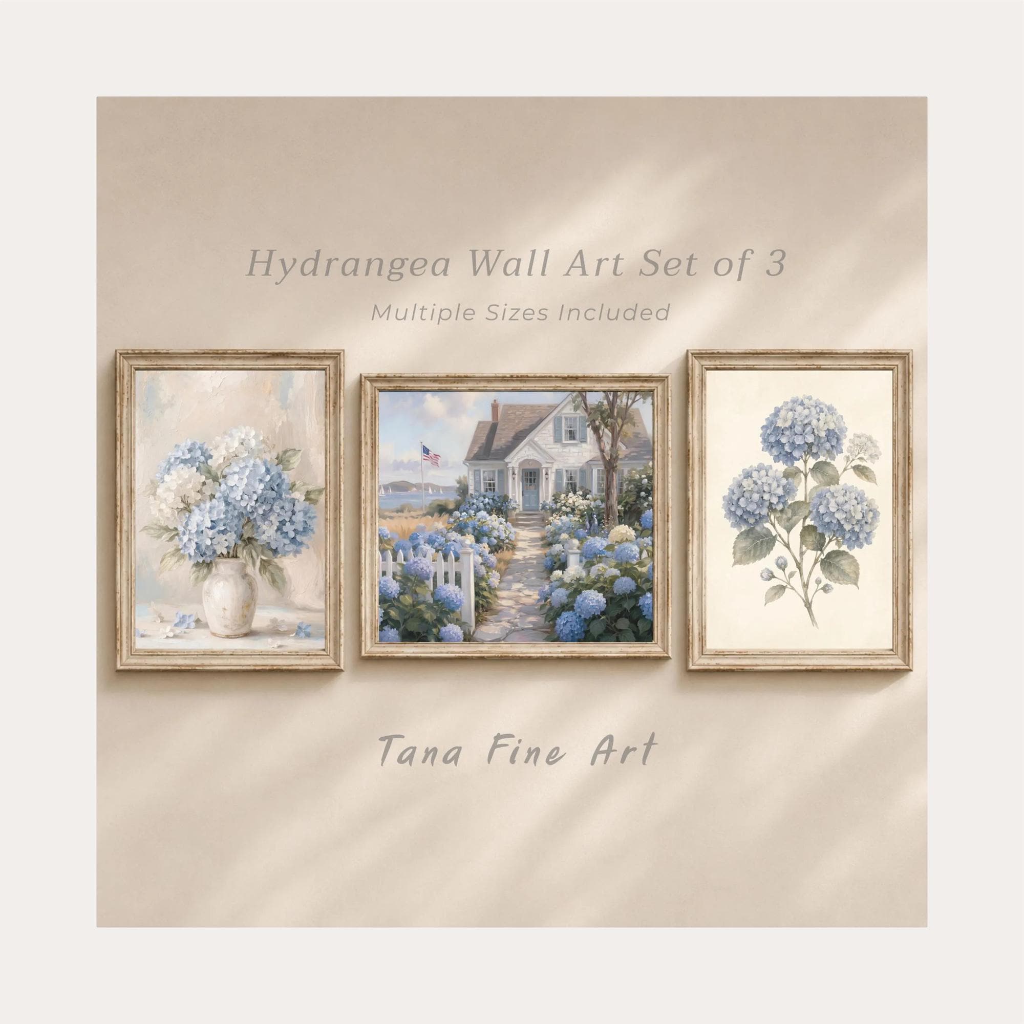 Gallery Wall Set of 3 Blue Hydrangea Art Prints, Coastal Cottage Decor (Digital Download)