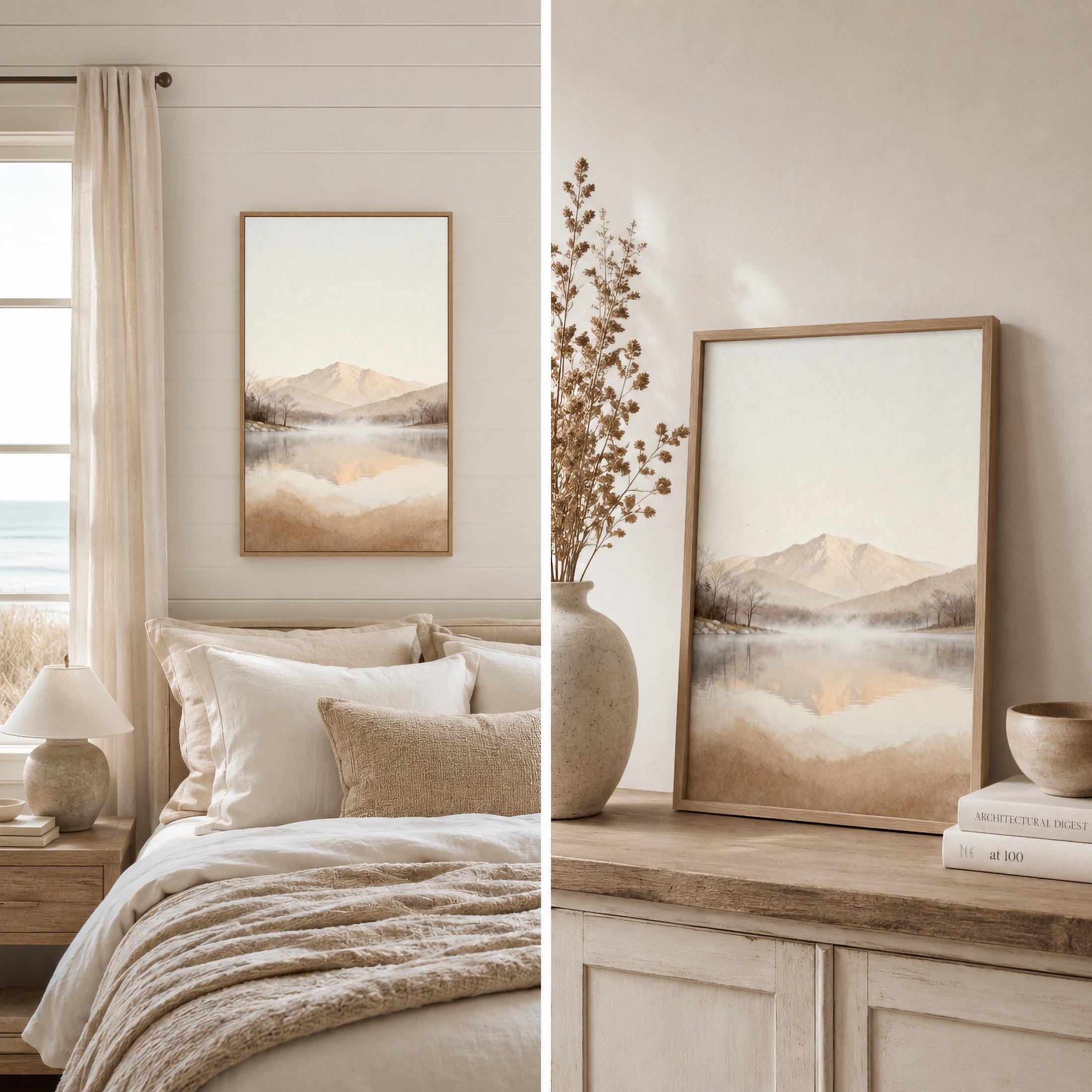 Neutral Mountain Lake Printable Wall Art, Misty Landscape, Minimalist Bedroom Decor Digital Download — image 2