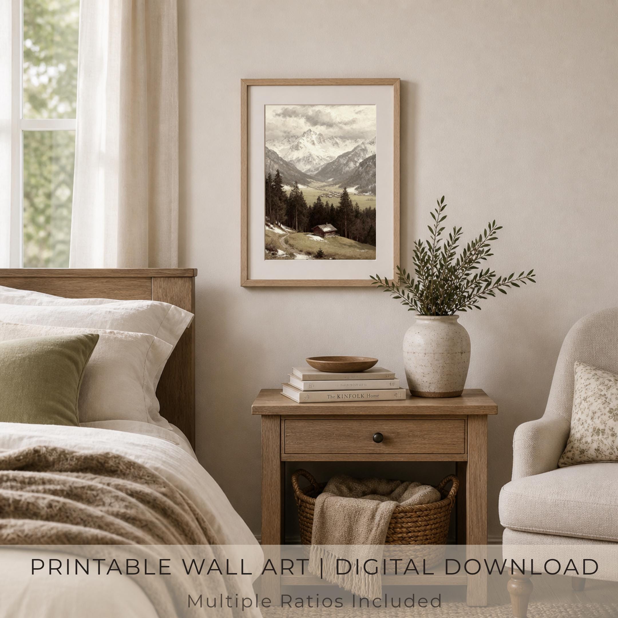 Alpine Mountain Landscape Wall Art, Rustic Cabin Valley, Vintage Paintings Nature Decor (Digital Download) — image 5