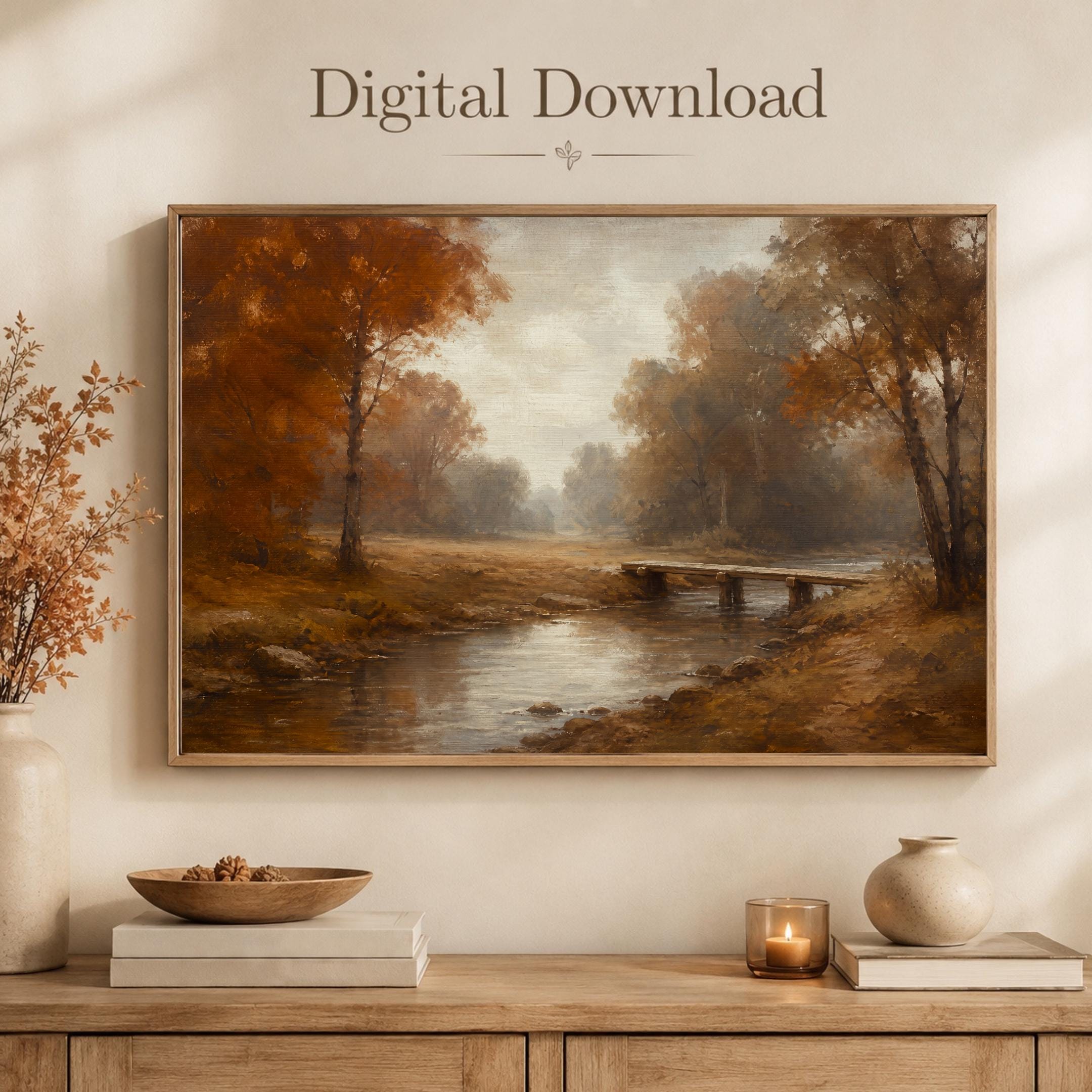 Fall Creek Landscape Wall Art | Autumn Forest Bridge Print | Rustic Printable Digital Download