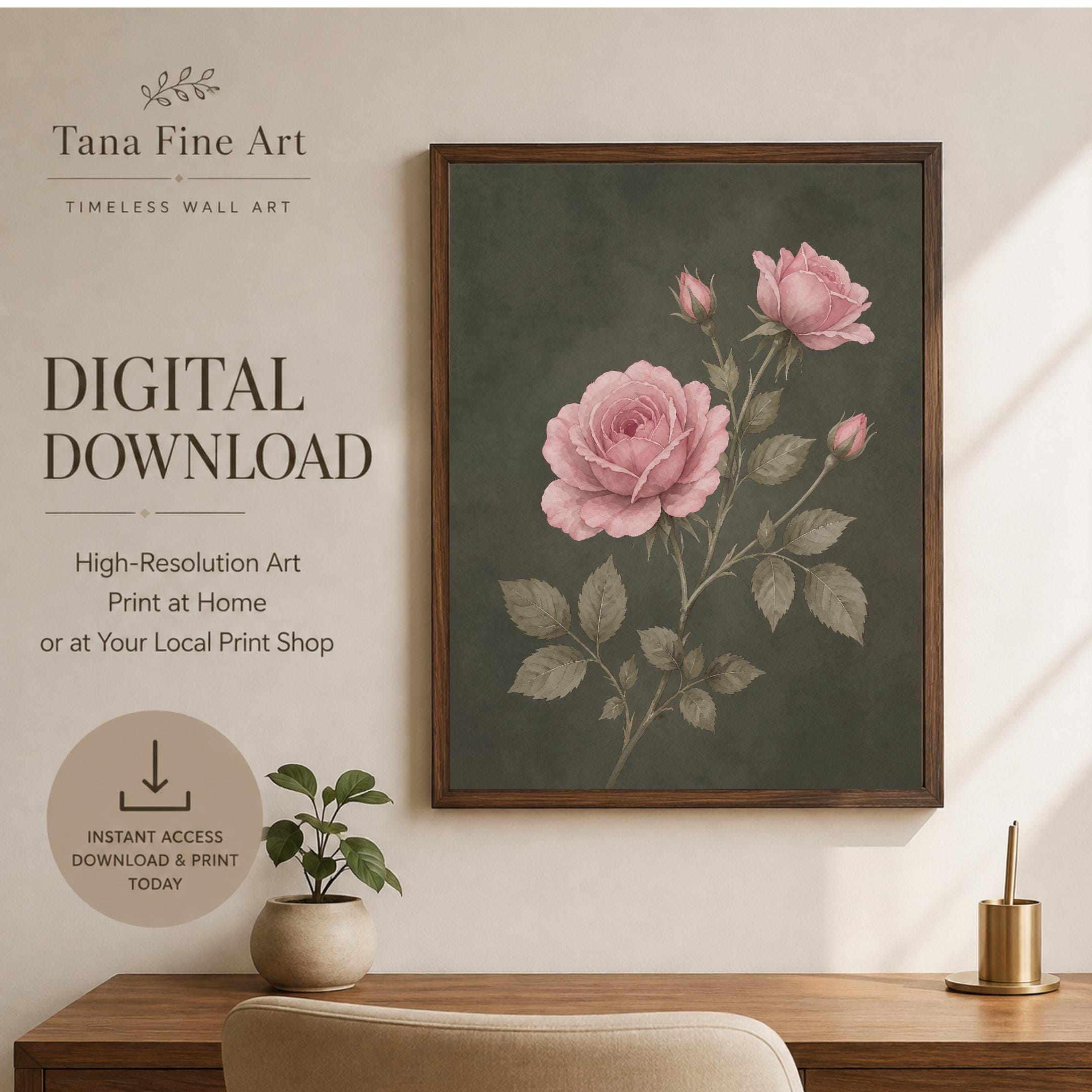 Moody June Birth Flower Print | Pink Rose Wall Art | Vintage Botanical Digital Download — image 4