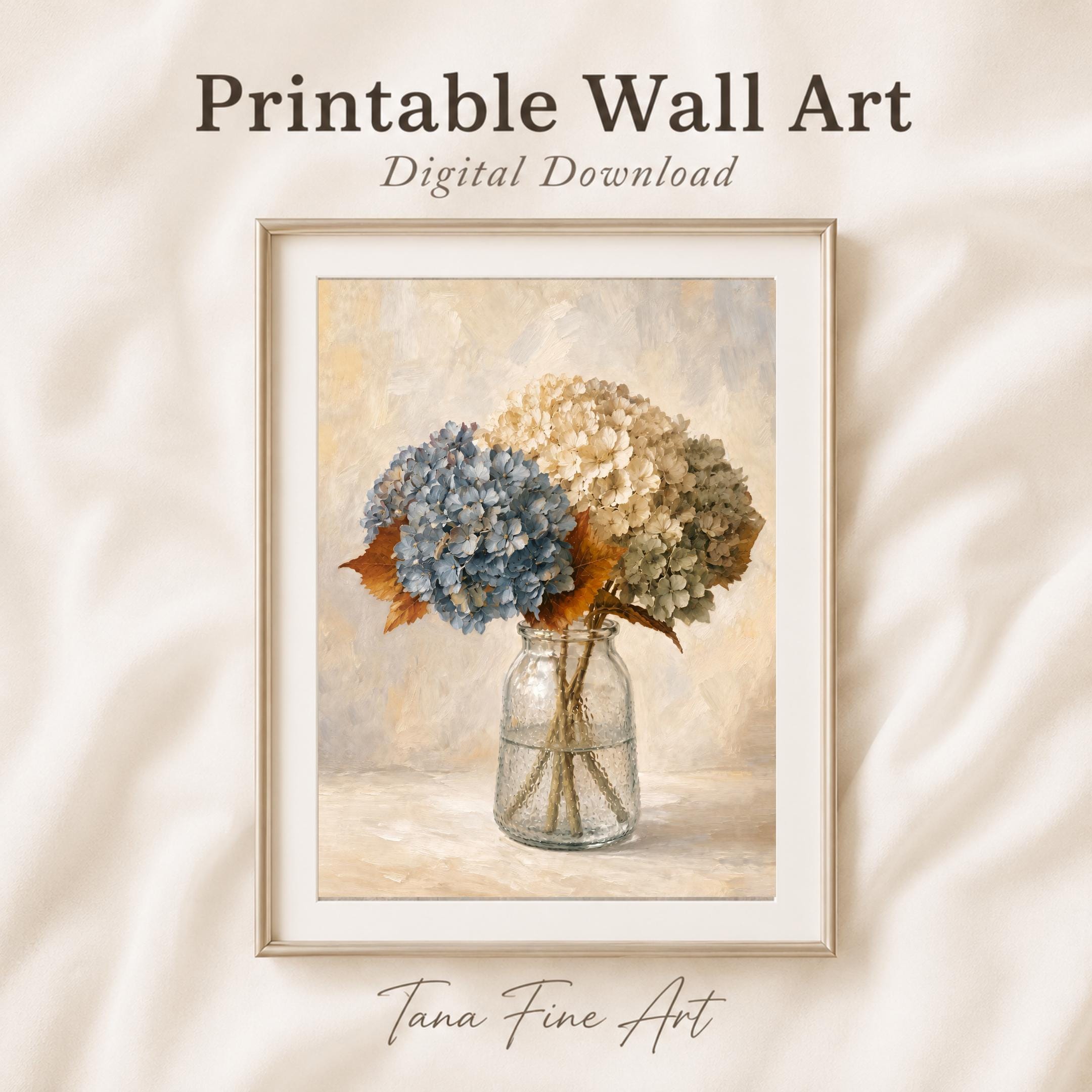 Blue and Cream Floral Glass Vase, Fall Hydrangea Art, Cozy Autumn Decor (Digital Download)