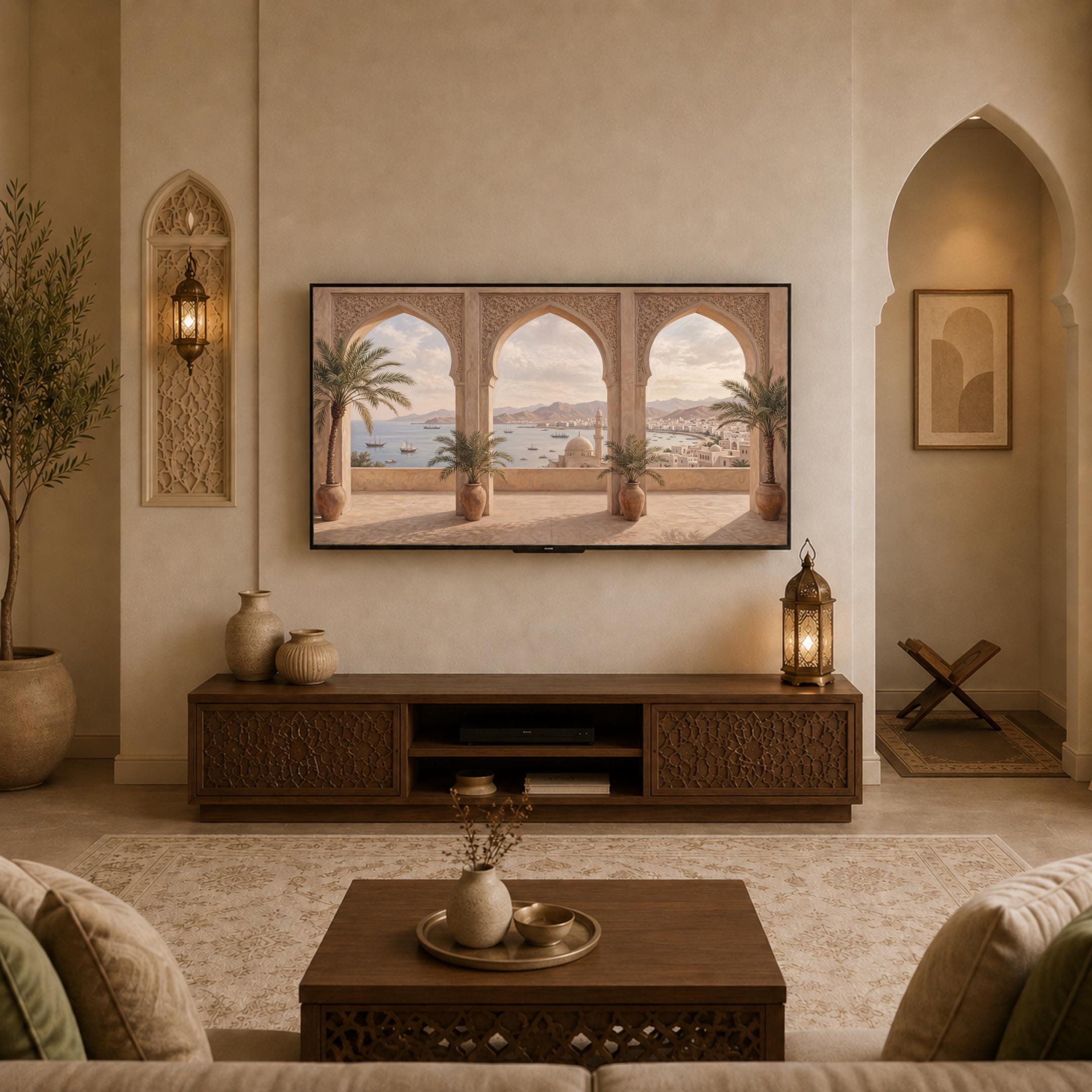 Mediterranean Arch Frame TV Art, Coastal Mosque Mountain View, Warm Neutral 4K Digital Download — image 7