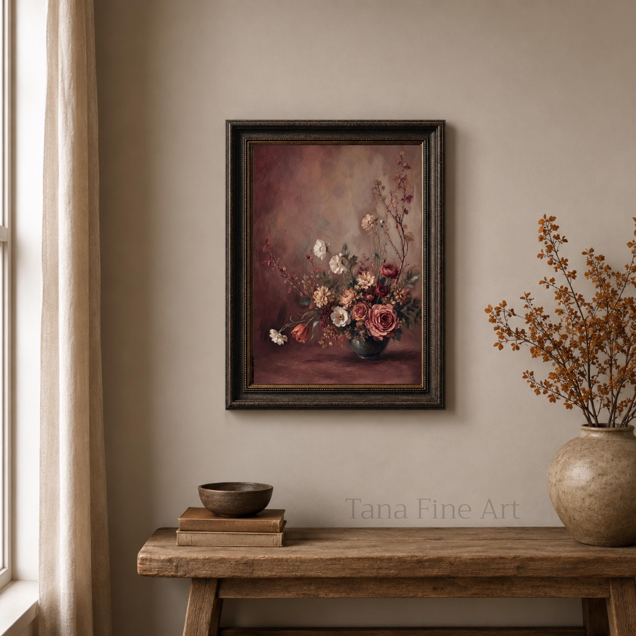 Moody Burgundy Floral Art Print, Fall Roses Still Life, Dark Autumn Decor (Digital Download) — image 3