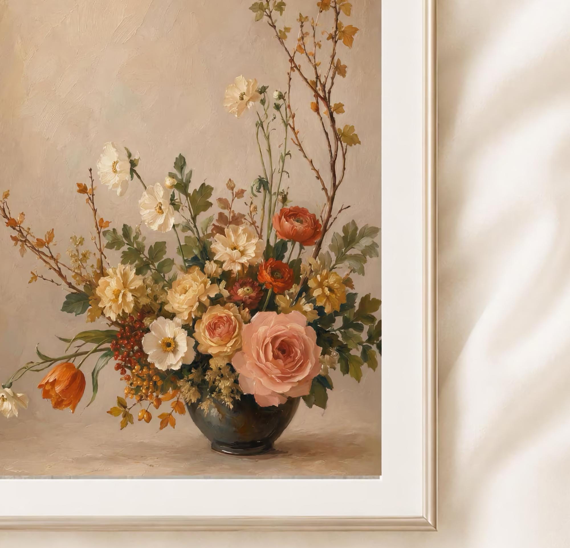 Fall Floral Bouquet Art, Blush Rose Ranunculus Still Life, Autumn Flower Decor (Digital Download) — image 2