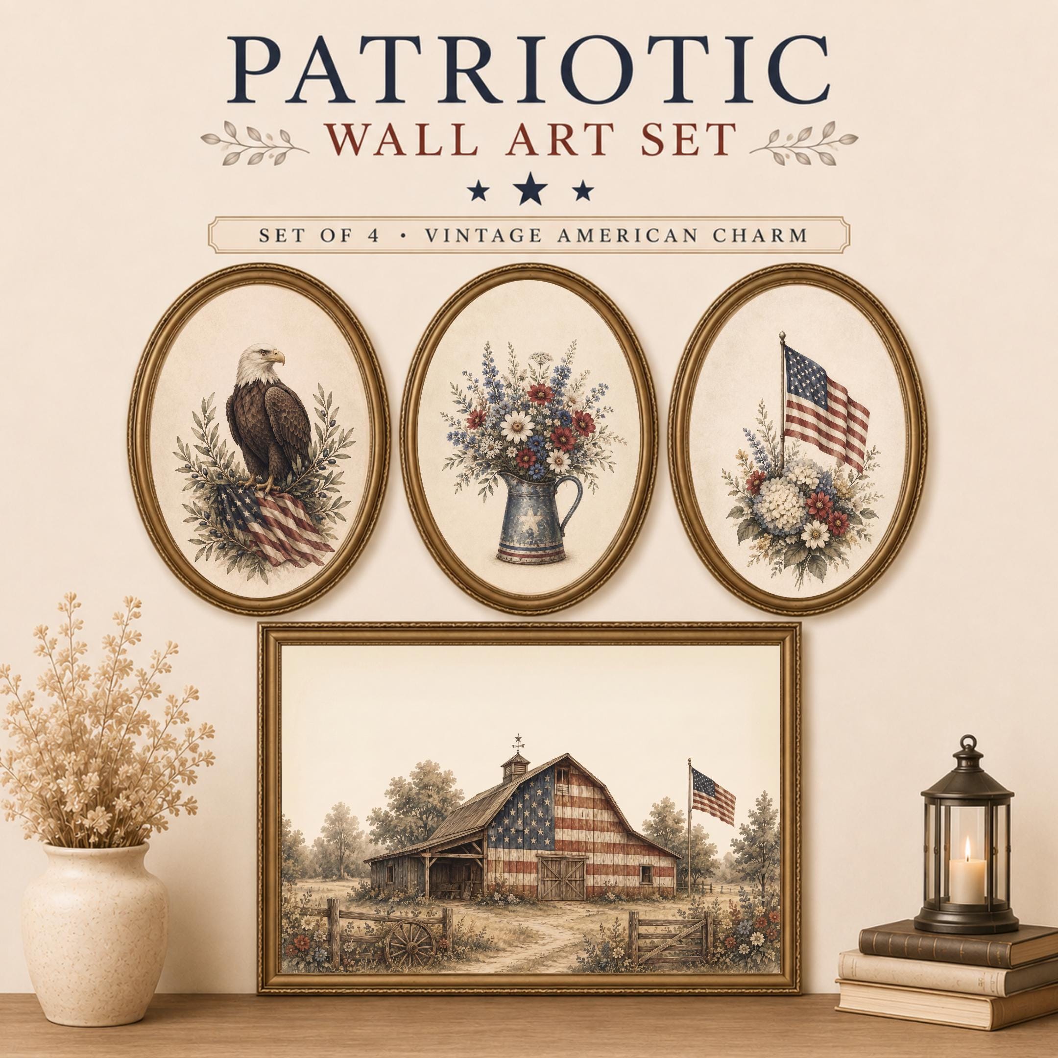 Vintage Patriotic Wall Art Set, Eagle, Flag, Floral Barn Prints (Digital Download)