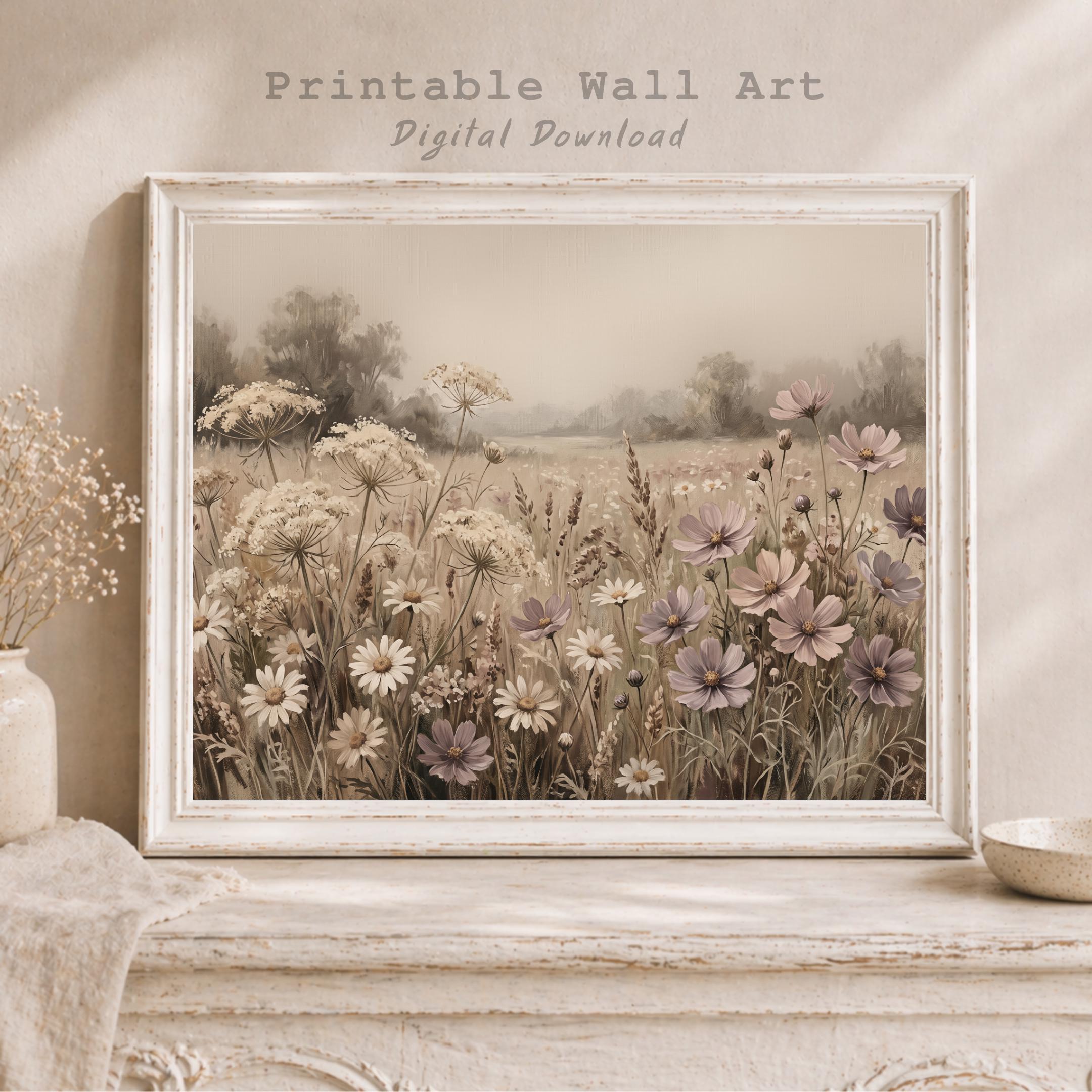 Neutral Floral Landscape Print, Wildflower Meadow Wall Art, Soft Cottage Prints (Digital Download) — image 4