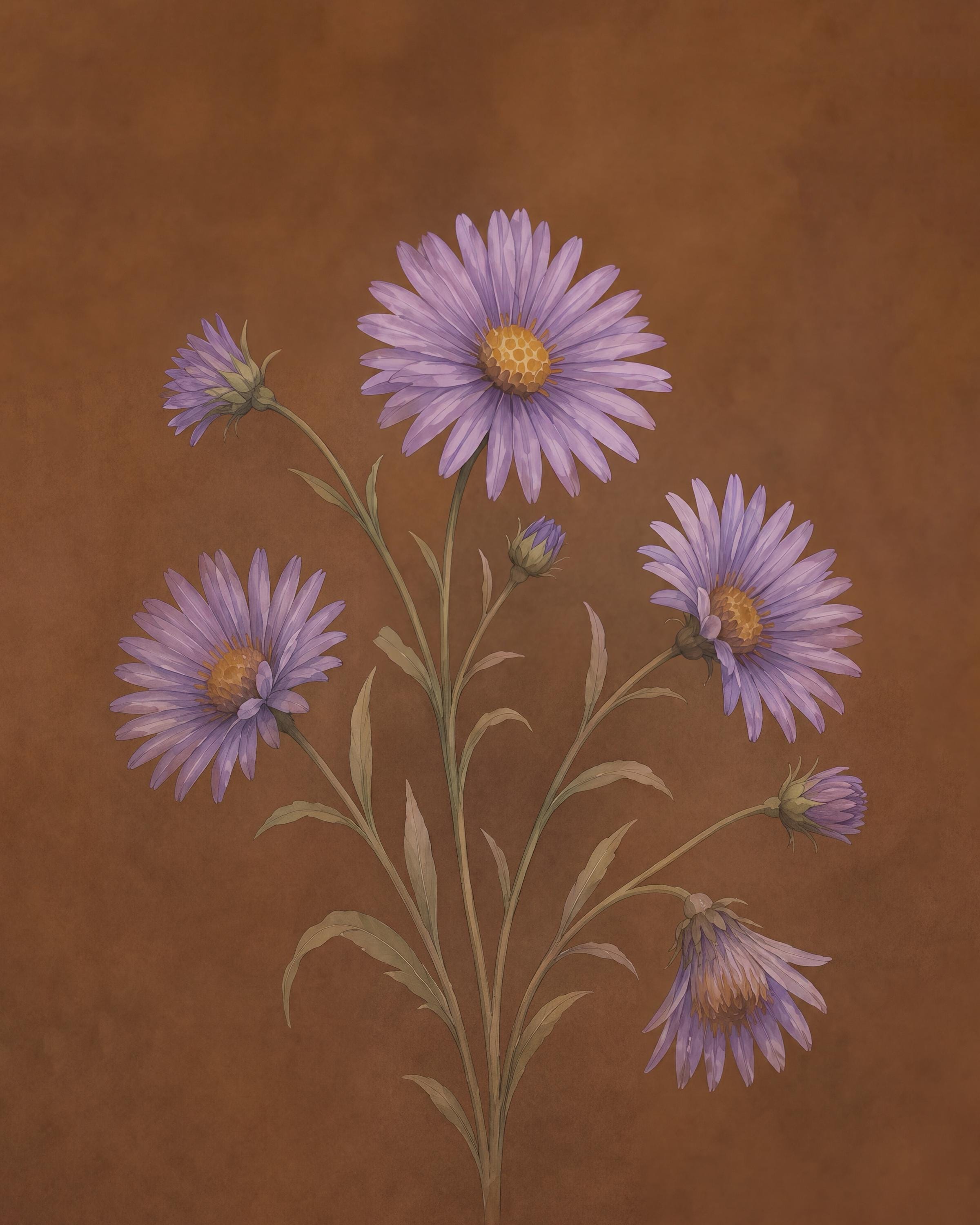 Moody September Birth Flower Print | Aster Wall Art | Vintage Botanical Digital Download — image 2