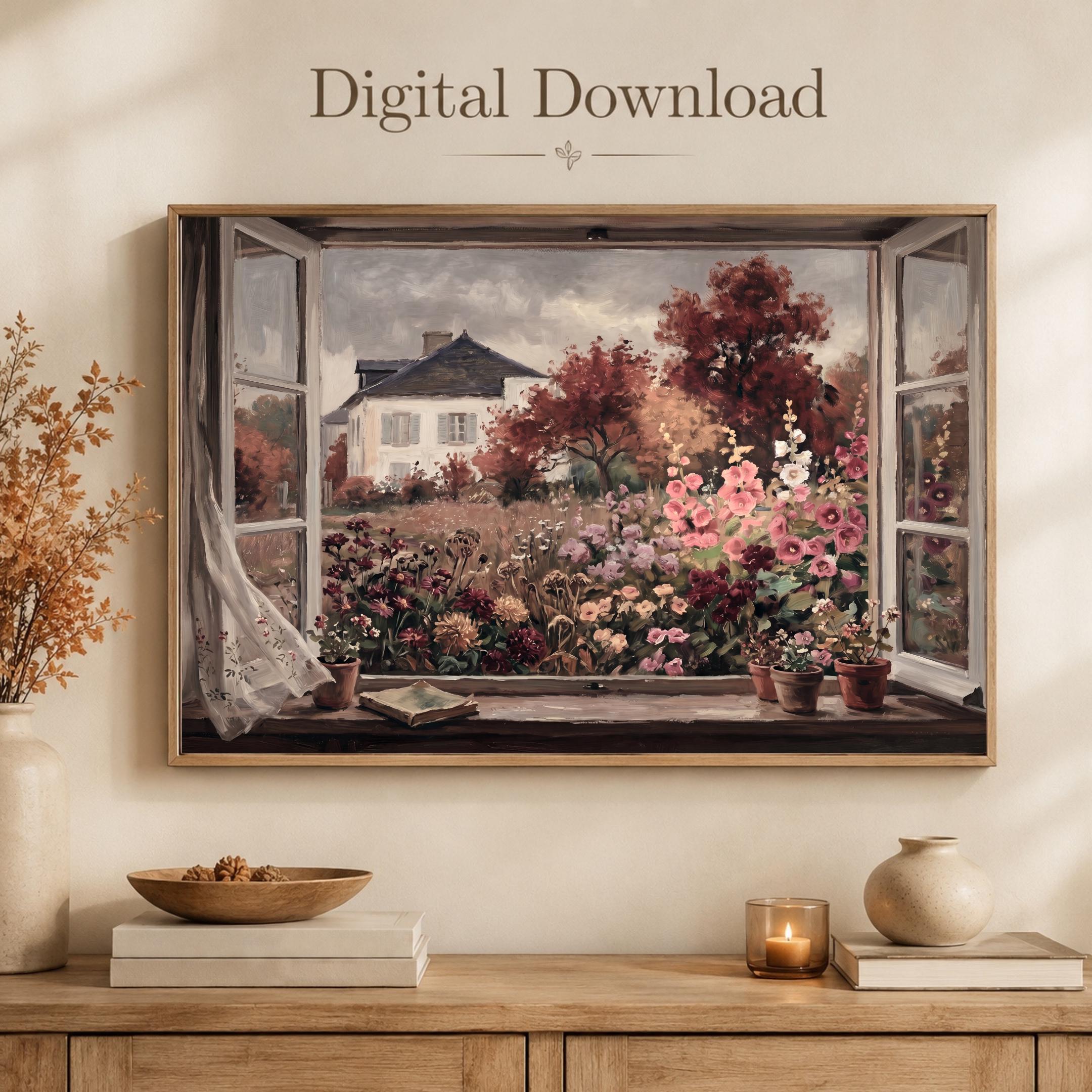 Autumn Cottage Window Wall Art, Moody Floral Garden Landscape, Rustic Fall Decor (Digital Download) — image 5