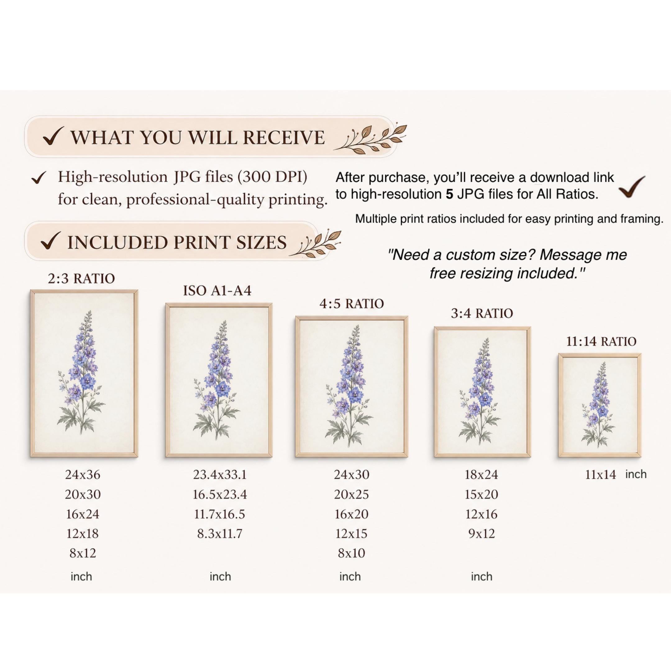 July Birth Flower Art Print, Blue Larkspur Vintage Botanical Prints, Watercolor Floral (Digital Download) — image 10