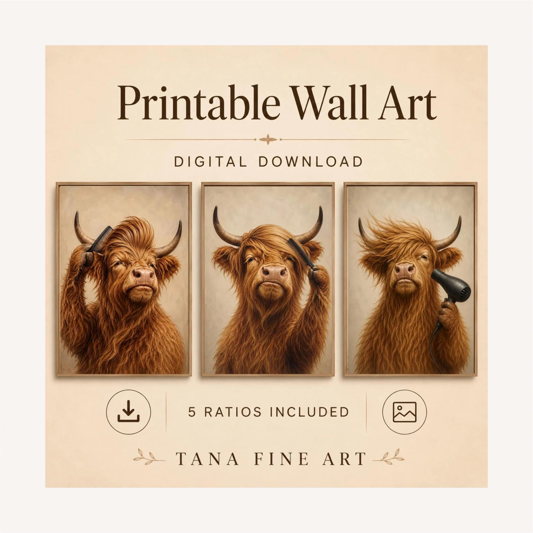 Funny Highland Cow Bathroom Printable Wall Art Set, Three Grooming Decor Prints Digital Download