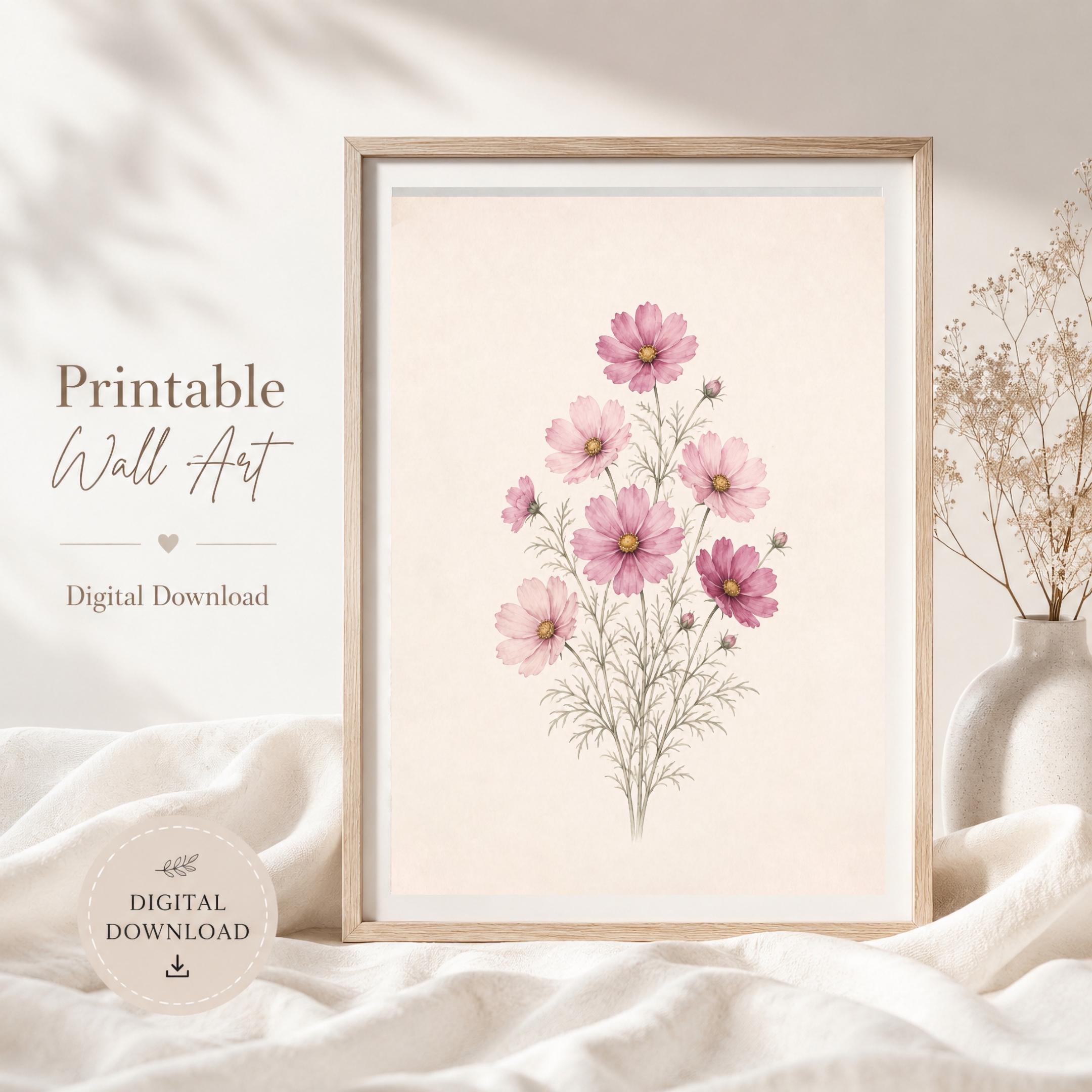 October Birth Flower Prints | Cosmos Printable Wall Art | Pink Botanical Decor Gift Digital Download — image 2