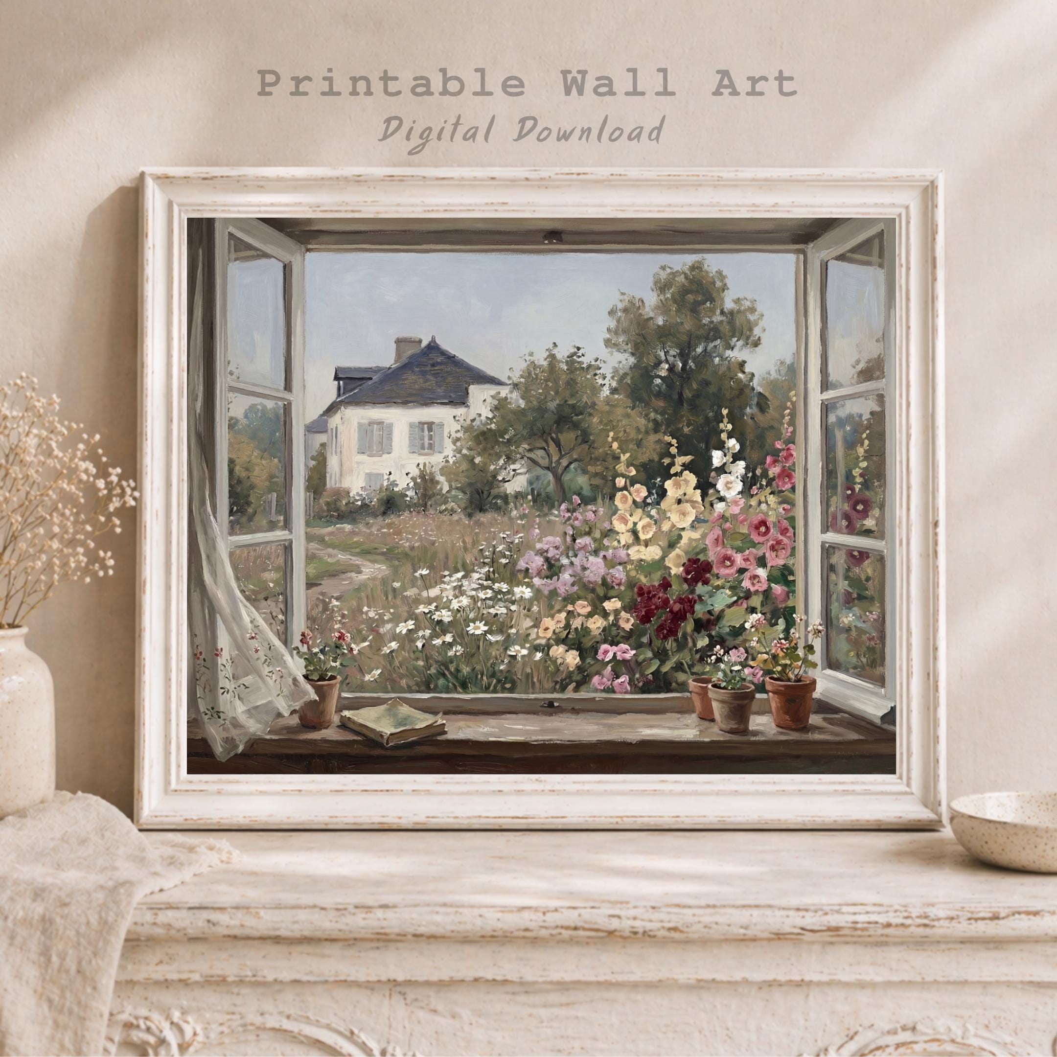 Cottage Window View Wall Art, Garden Floral Landscape, Vintage Painting Farmhouse Decor (Digital Download)