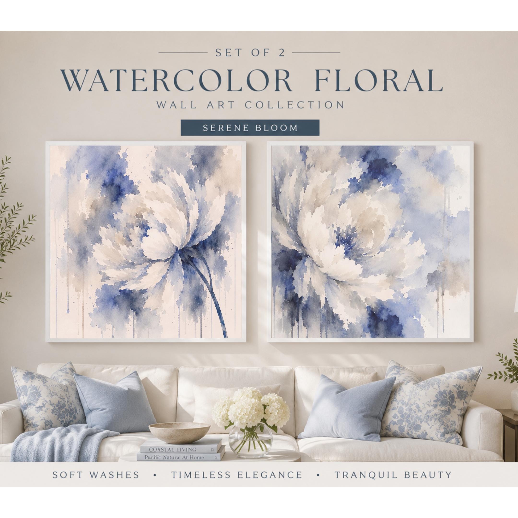 Watercolor Floral Wall Art Set of 2, Blue White Abstract Flower Prints (Digital Download)