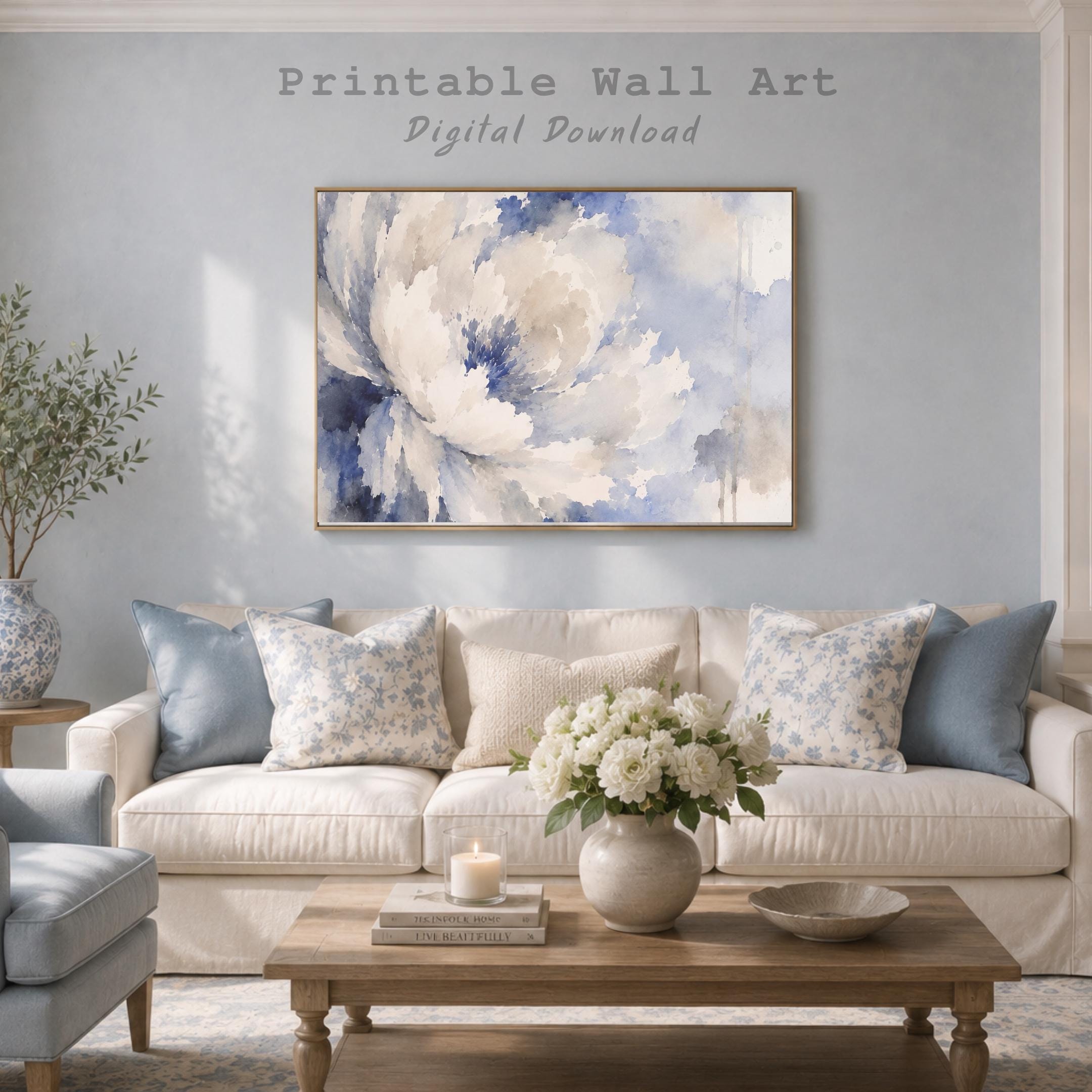 Watercolor Floral Wall Art Set of 2, Blue White Abstract Flower Prints (Digital Download) — image 5