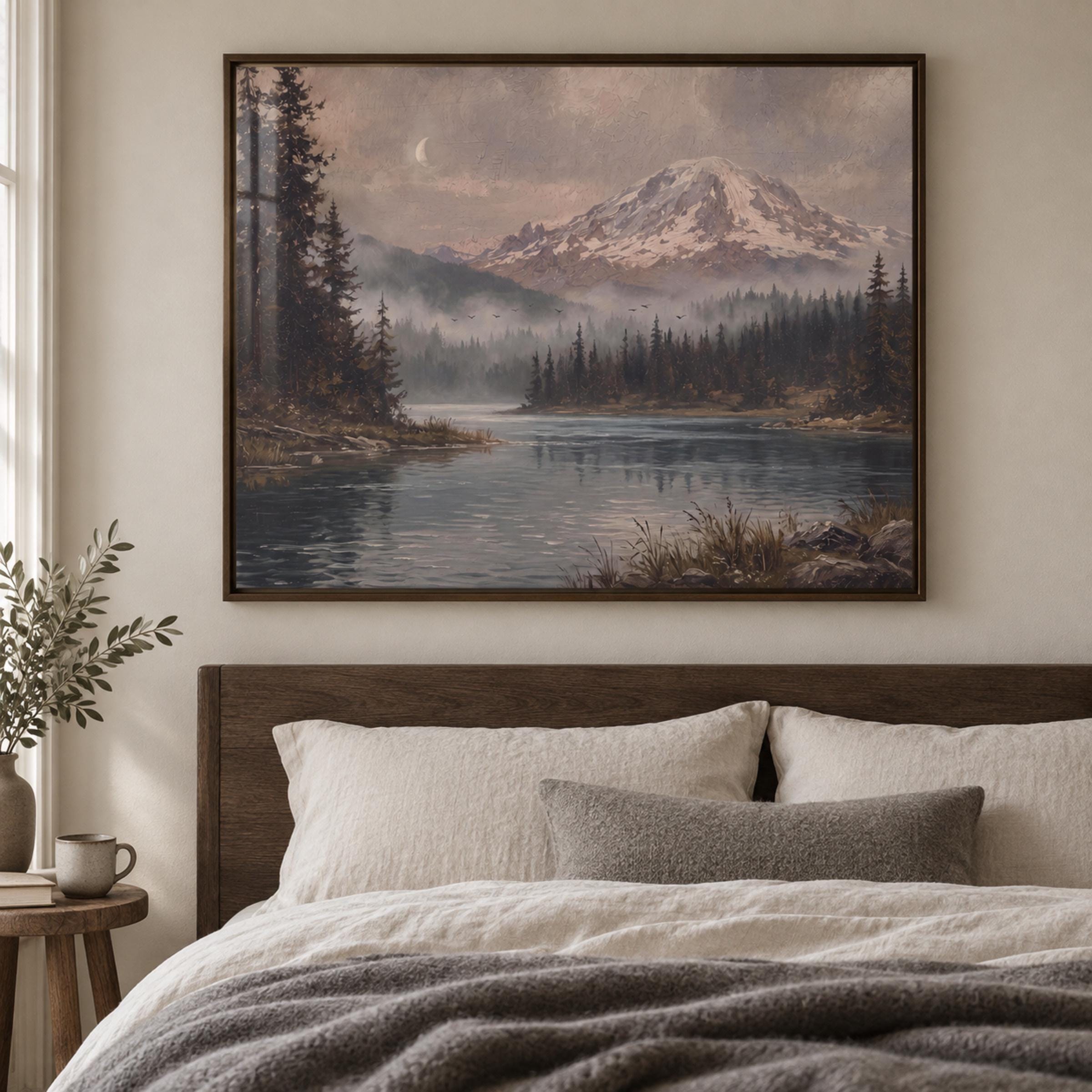 Moody Mountain River Printable Wall Art, Vintage Forest Landscape, Crescent Moon, Rustic Digital Download — image 4