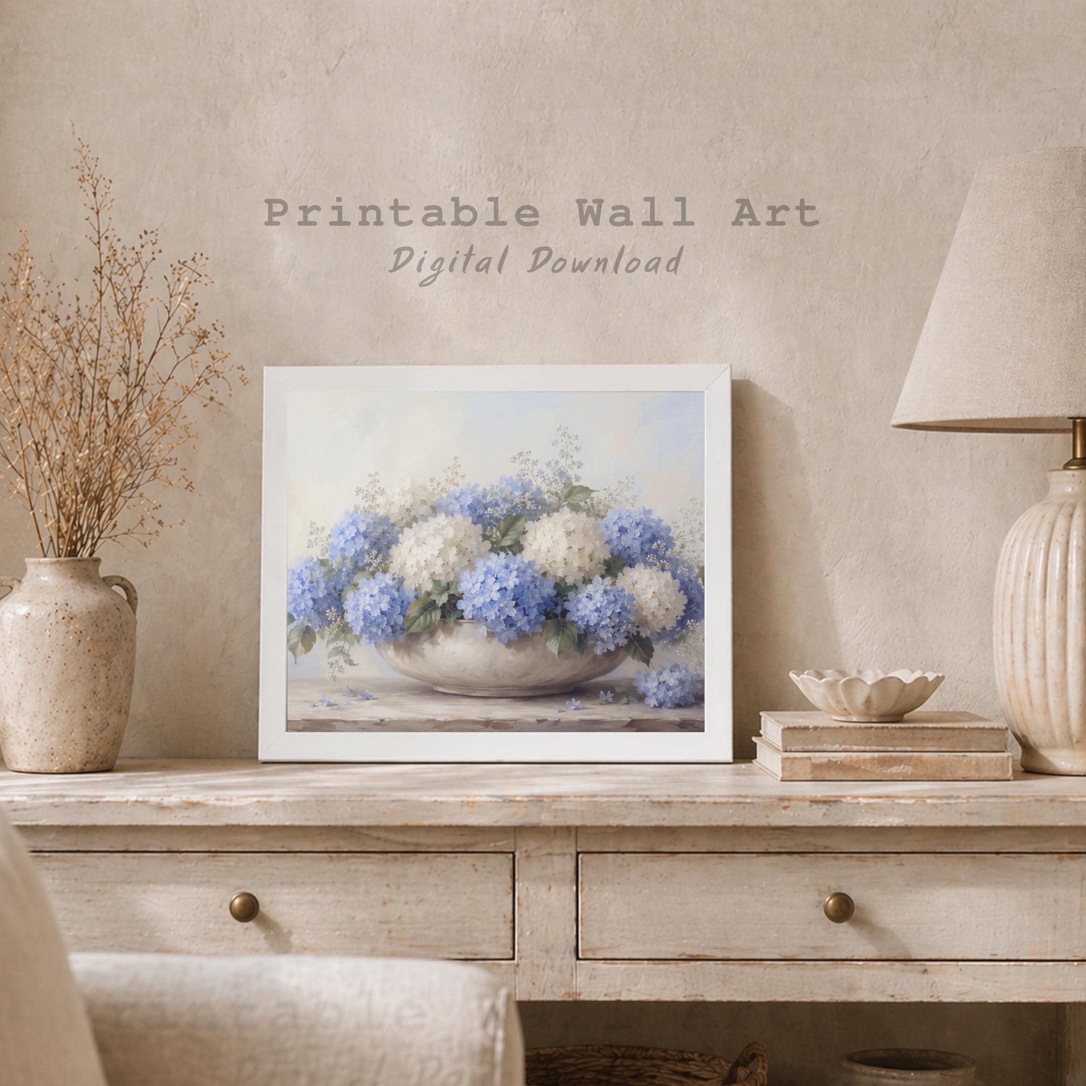 Blue Hydrangea Wall Art, Coastal Summer Neutral Floral Prints in Low Bowl (Digital Download) — image 8