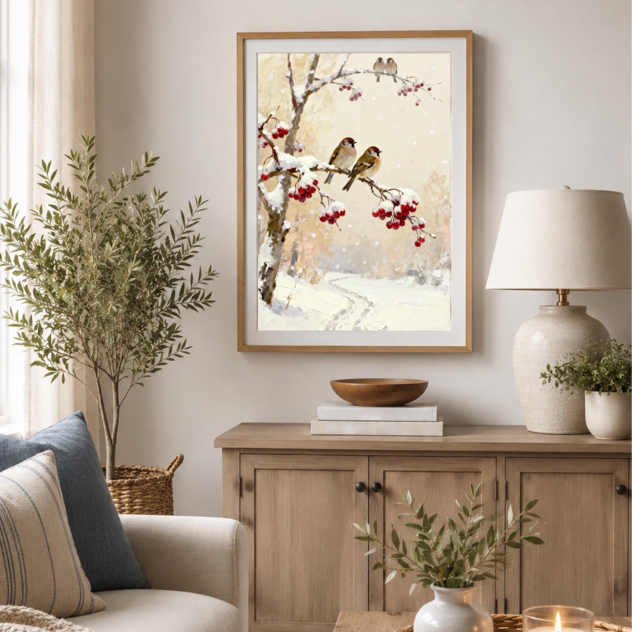 Winter Bird Wall Art | Snowy Red Berry Print | Christmas Printable Digital Download — image 3