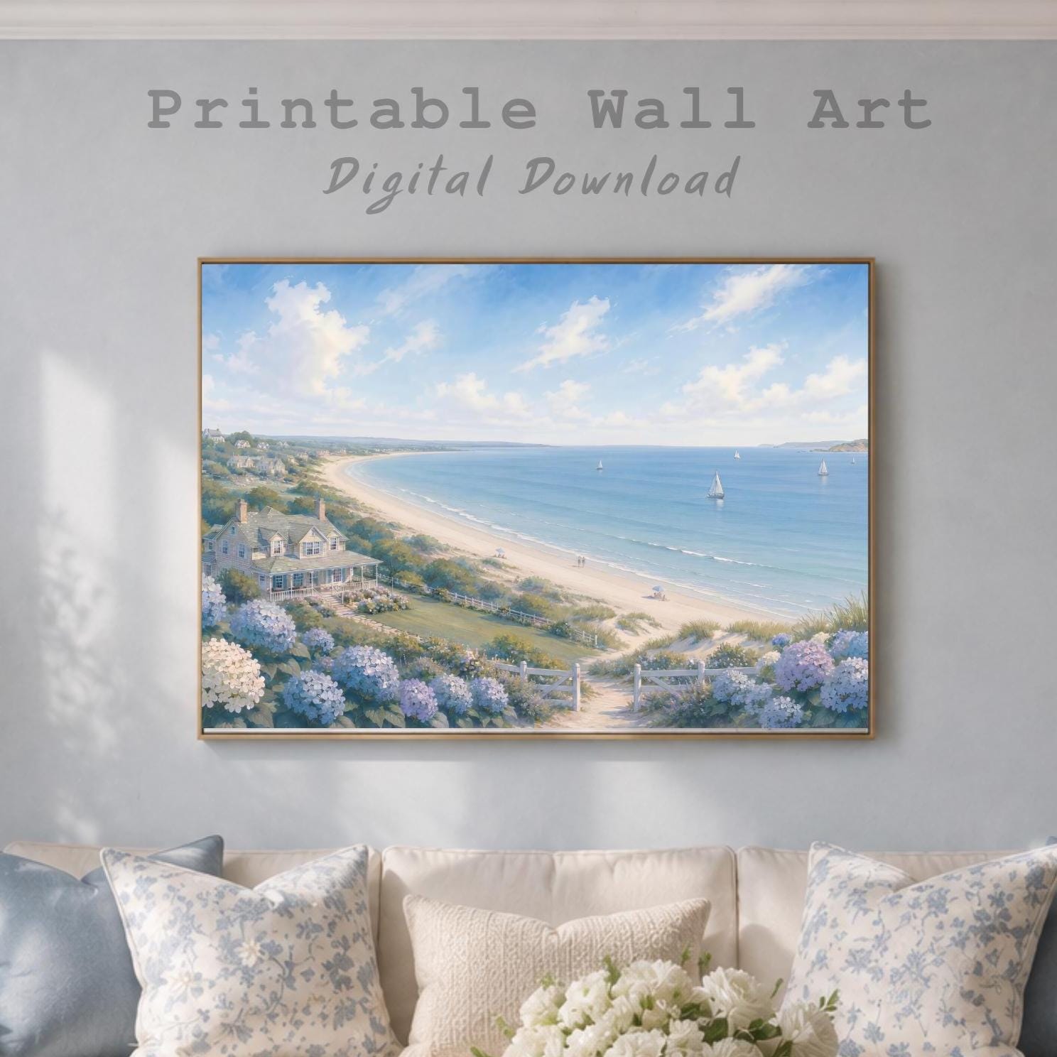 Coastal Hydrangea Beach Printable Wall Art, Sailboat Seaside Cottage Summer Home Decor Digital Download