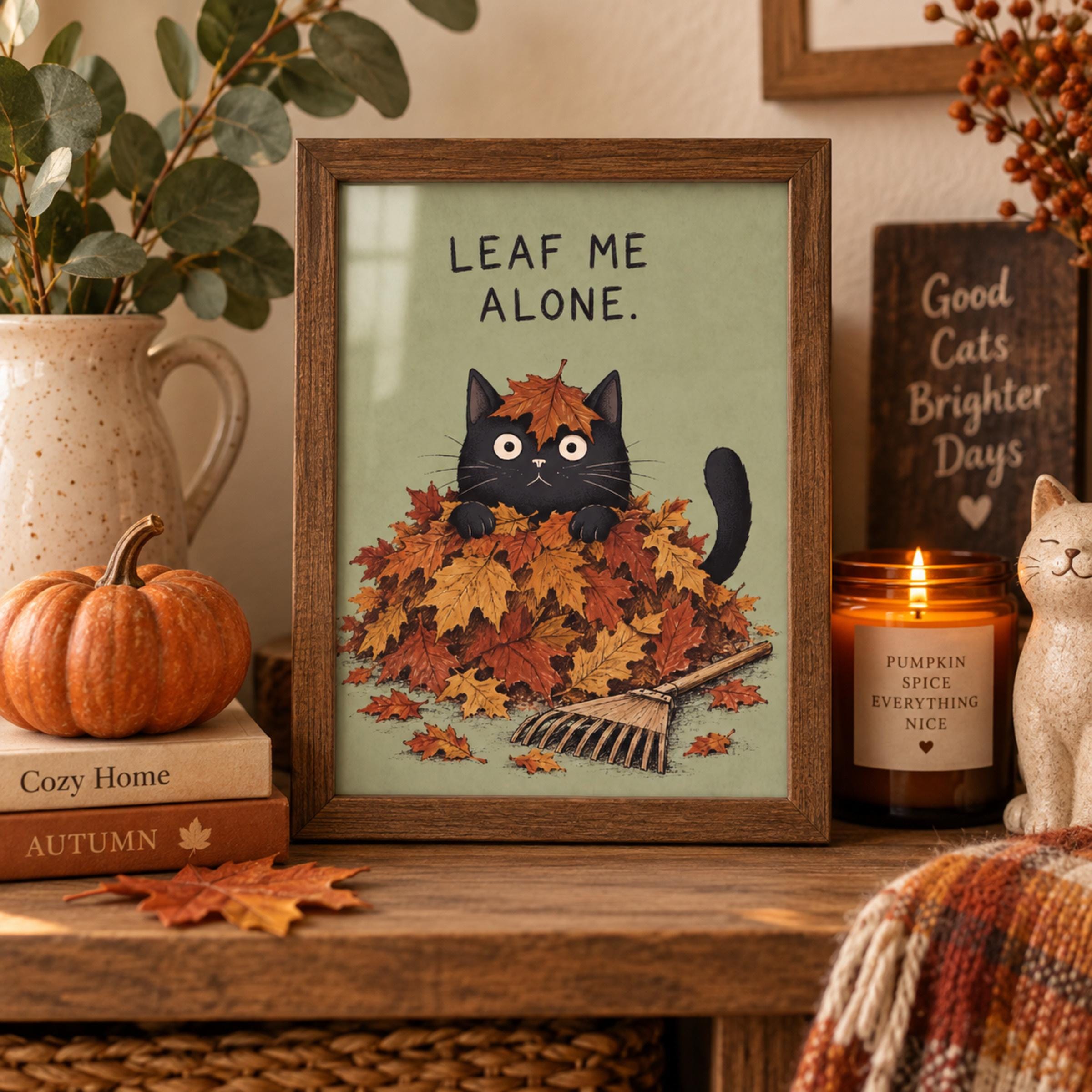 Funny Black Cat Leaves Printable Wall Art, Fall Autumn Quote Kitchen Decor Digital Download — image 2